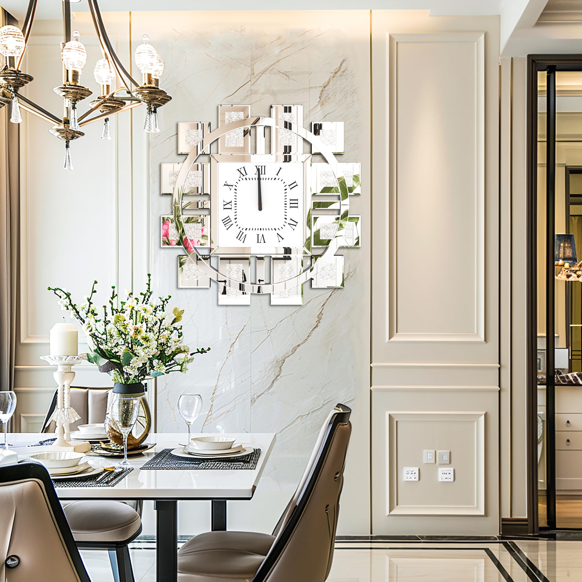 Kristall Wanduhr Groß Modern: Deko Uhren 60×60, Luxus Wohnzimmer Wanduhren Silber Tickenfreies Design Römische Ziffern für Wohnzimmer, Schlafzimmer, Küchen