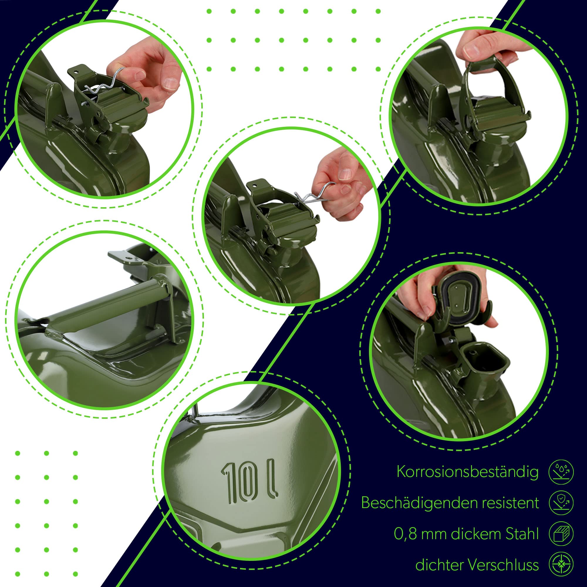 KADAX Bidón de gasolina de 10 L, acero recubierto de polvo con mango y boquilla, contenedor de gasolina duradero con sello hermético (verde)