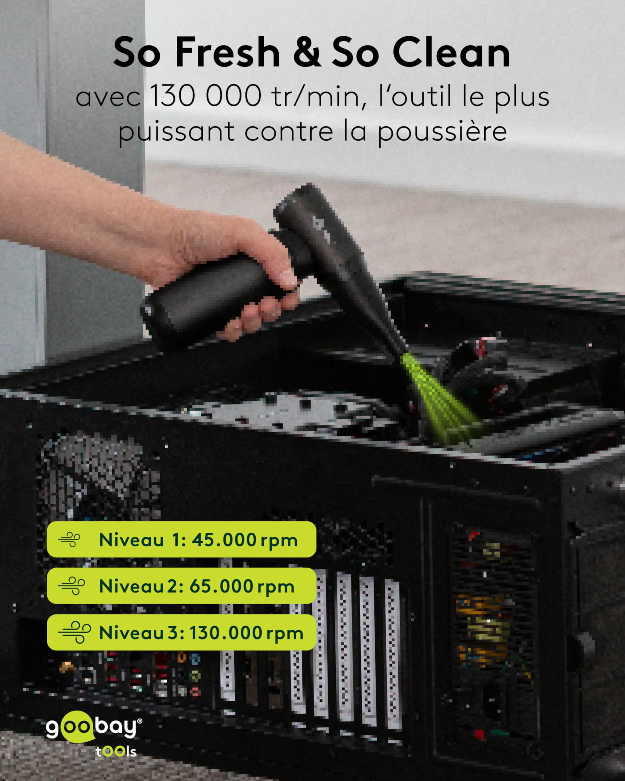 goobay Souffleur de poussière à 3 Vitesses, Batterie 6 000 mAh, 130 000 TR/Min, autonomie jusqu'à 110 Min, avec 8 Embouts pour éliminer la poussière sur Les canapés, claviers, Voitures – 77831