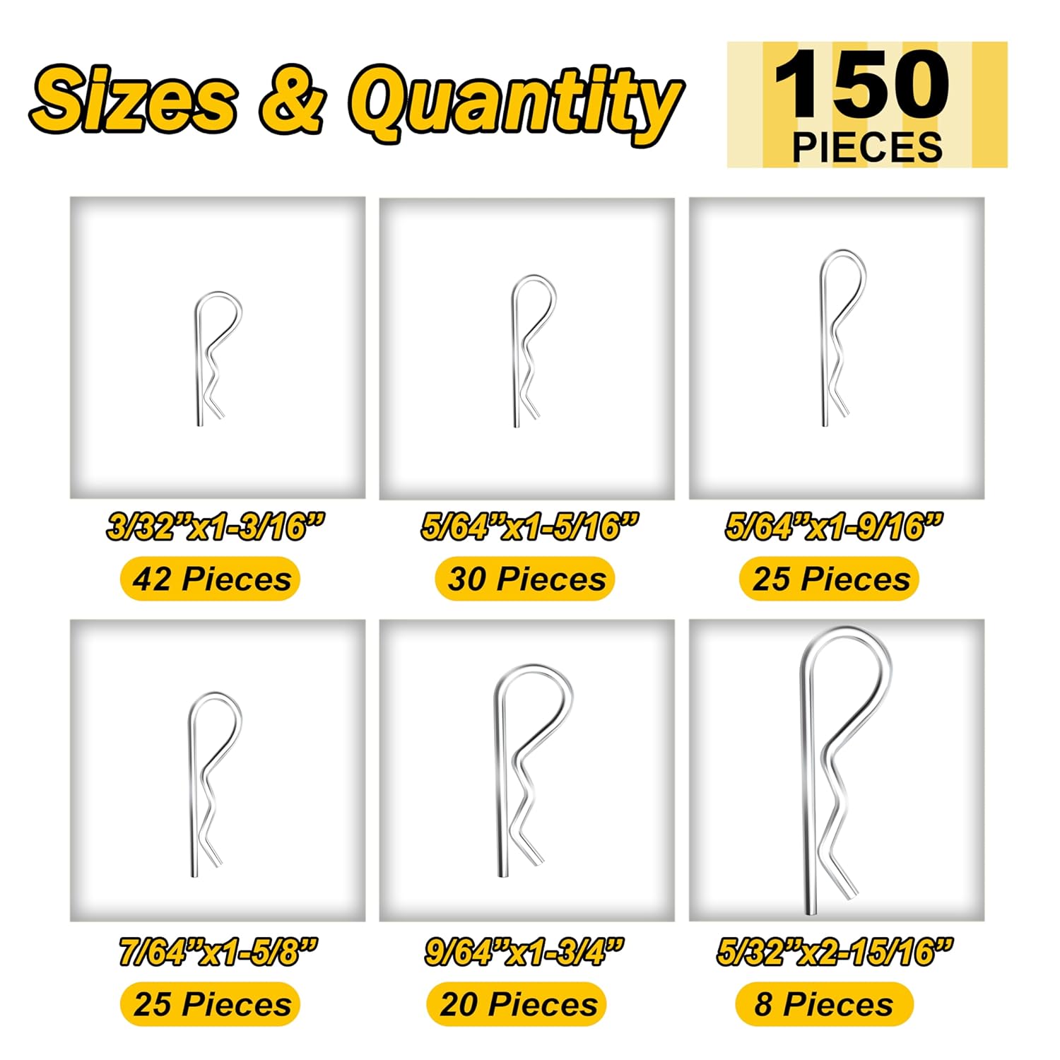 Mywish 150Pcs Cotter Pin Assortment Kit, R Shape Hitch Pin Clip, Heavy Duty Zinc Plated Alloy Steel, Reusable Cotter Pins Set for Tractor, RV Owners, Mechanics, Lawn Mower, 6 Sizes