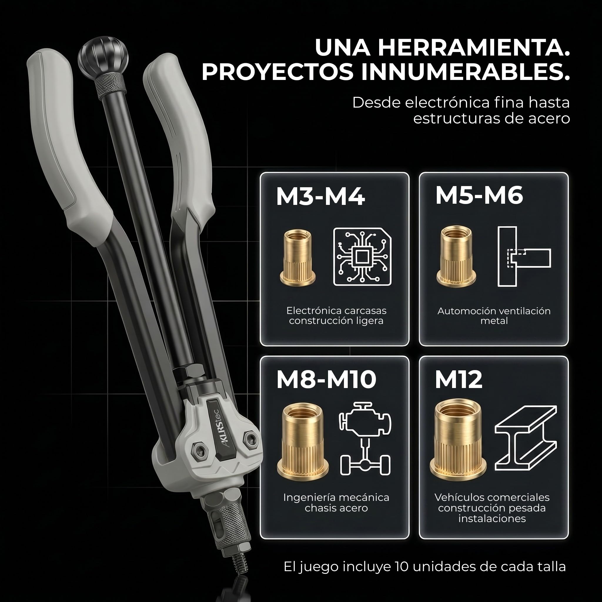 KLRStec Professional Remachadora de Tuercas Set [M3-M12] Pinza Semiautomática para Trabajo Más Rápido incl. 70 Tuercas Remachables, Broca Escalonada y Maletín - Kit Pro Insertos Roscados