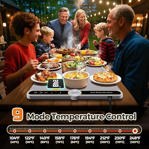 Miniatura 3 de Tapete de calentamiento para alimentos  Bandeja de calentamiento eléctrica extragrande de 32 x 15 pulgadas, 8 platos, 9 temperaturas ajustables,