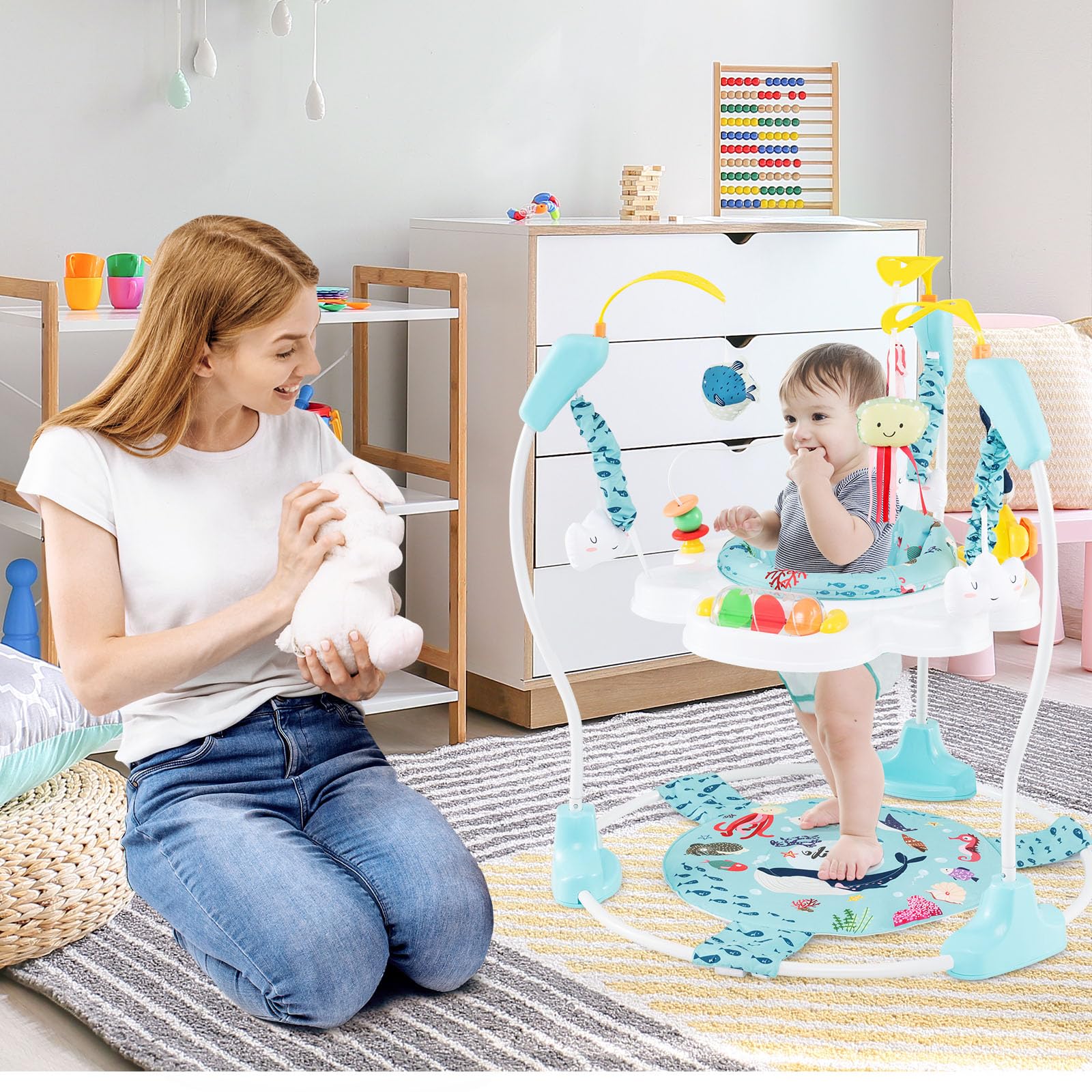 LIFEZEAL Girello per Bambini 6-18 Mesi, con Sedile Girevole a 360°, 9 Giochi Montessori, Luci e Melodie, Girello Neonato, con Altezza Regolabile, Centri di attività Fissi, Jumperoo per Bimbi (Blu)