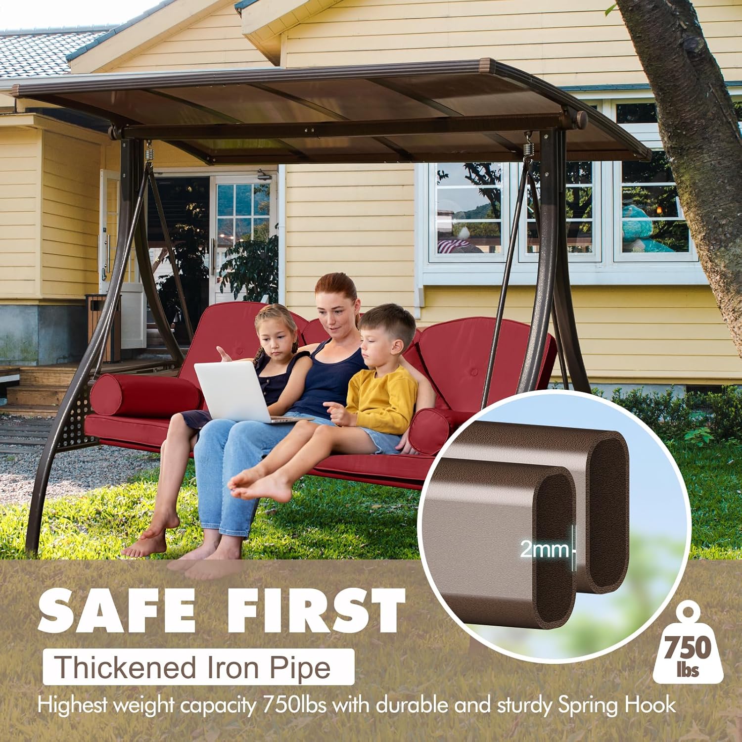 3-Seat Outdoor Patio Porch Swing with Adjustable Hardtop,3 in 1 Convertible Swing Chair for Adults,Patio Swing with Thicken Cushion,Pillows & Cup Holders for Porch,Backyard,Garden (Wine Red)