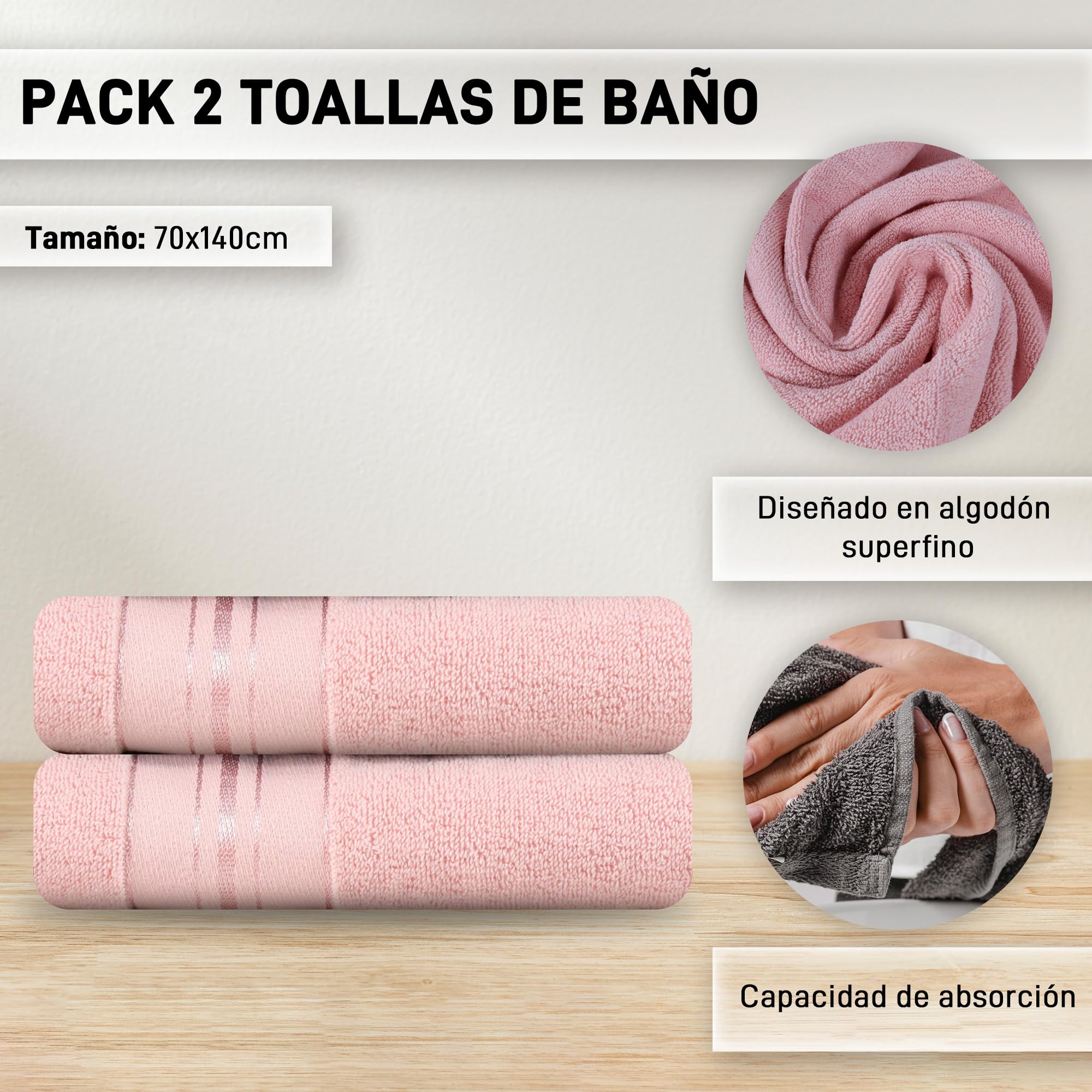 Juego De Toallas 100% De Algodón - Ducha mas Lavabo - Juego De 2 Toallas De Algodón Absorbentes Dimensiones 140x70 cm y 35 x 75 cm - Paquete De 2. (Rosa)