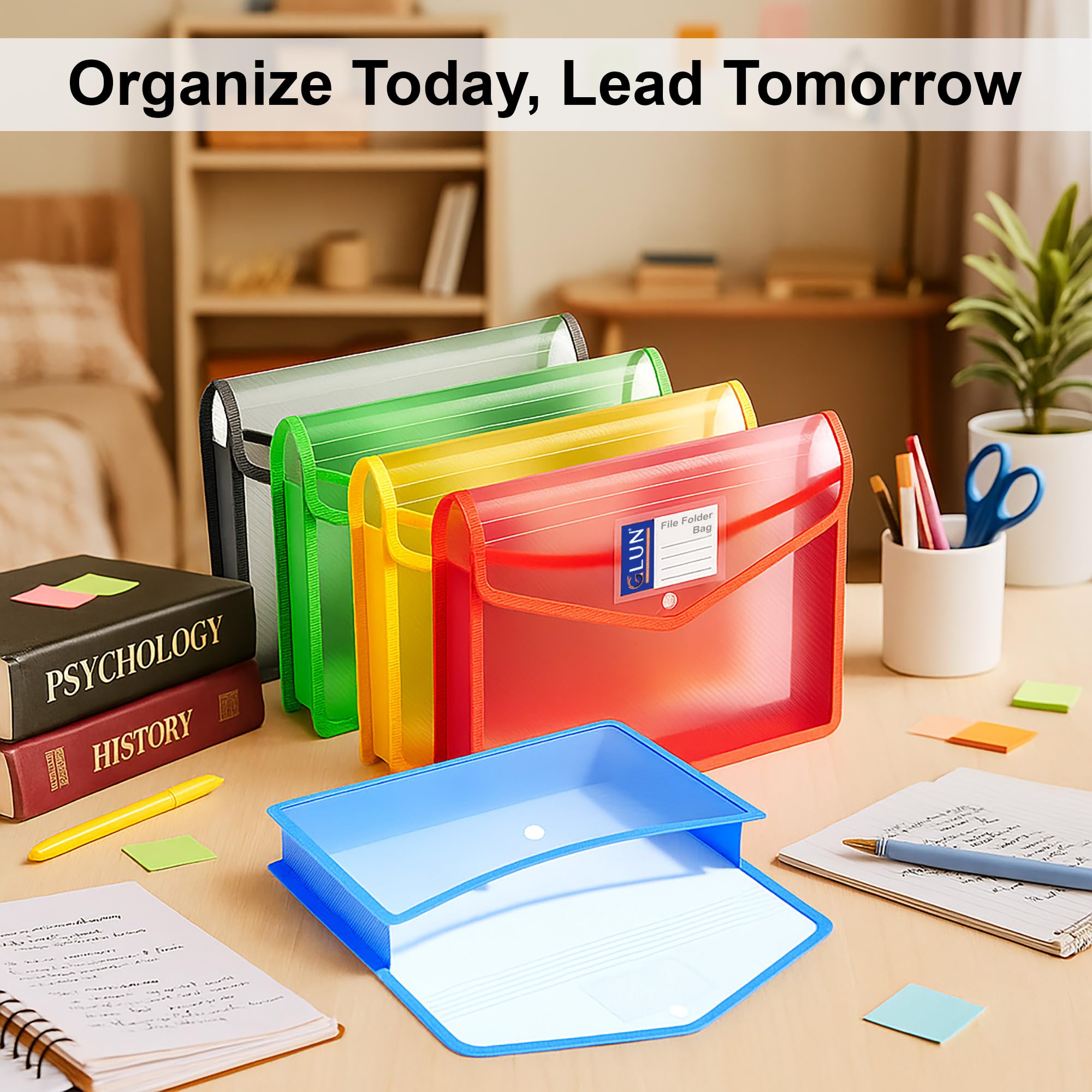 GLUN® Transparent Multi-Colour File Folder Set with Button Lock for A4 Size Documents (Pack of 5) — Amazon image 2