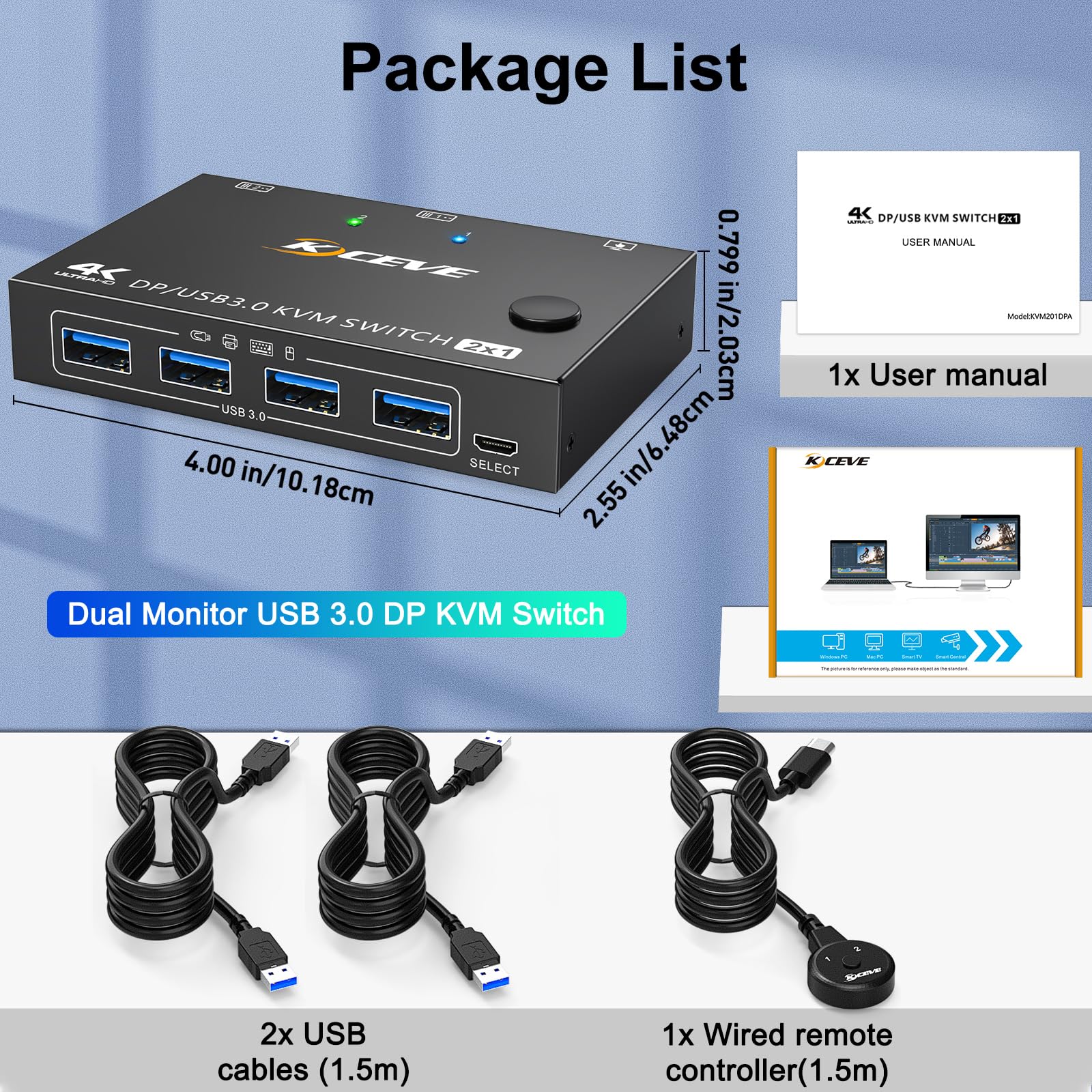 Switch KVM USB 3.0 Displayport 2 puertos 4K@144Hz, conmutador KVM ESKEVE 2 PC 1 monitor 8K@30Hz para 2 PC Compartir 1 monitor y 4 dispositivos USB3.0. Con cable USB y controlador de escritorio