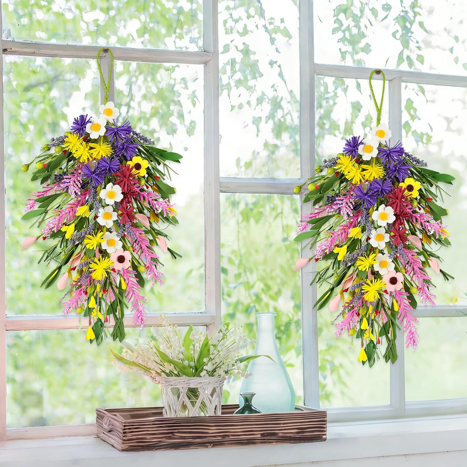 4Pcs Artificial Spring Swag Wreaths – 23.6" Teardrop Floral Swags with Daisy, Sunflower & Lavender for Front Door, Porch, Wall & Window Decor, Spring Porch Decor Easter Decorations