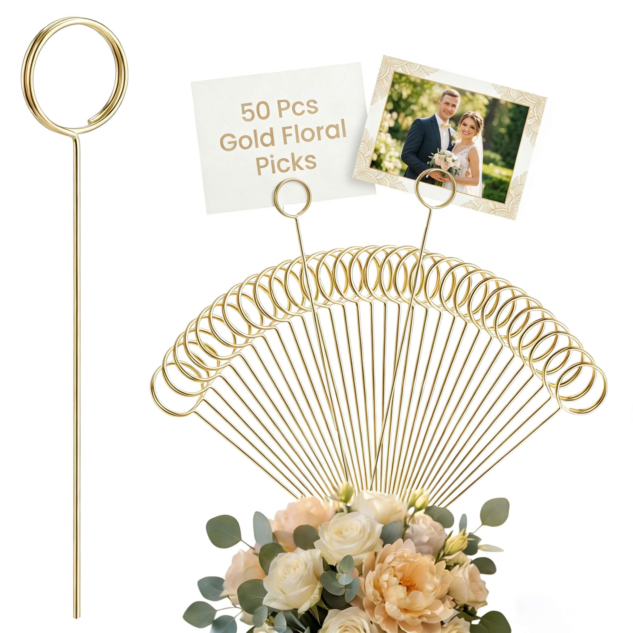 50Pcs Metal Floral Card Holder Picks - Flower Card Holder Sticks for Gift Cards & Flower Bouquet. Floral Picks & Picture Photo Holders for Centerpieces, Wedding Birthday Party Decoration Accessories