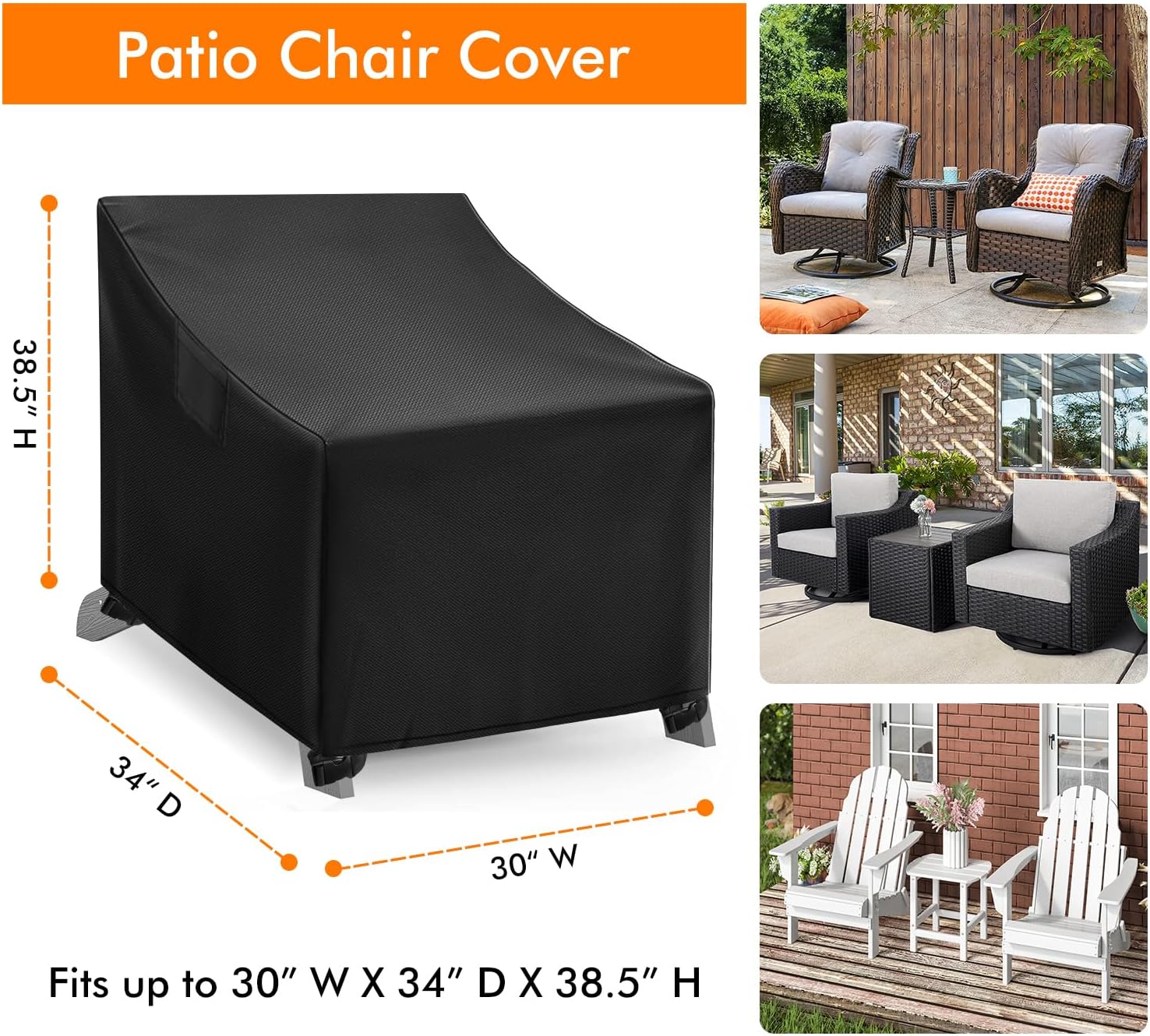 WLEAFJ Adirondack Chair Covers - Waterproof Heavy Duty, Patio Rocking Chair Covers for Outdoor Furniture, Black - 2 Pack - 32" W x 34" D x 36" H