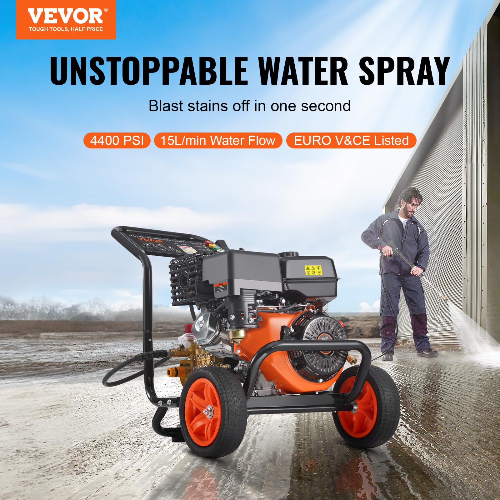 VEVOR Myjka wysokociśnieniowa gazowa 4400 PSI 15 l/min, 2,6 GPM gazowa myjka ciśnieniowa z miedzianą pompą, pistoletem natryskowym i przedłużką, zestaw 5 dysz, do samochodów, ogrodzeń, domów