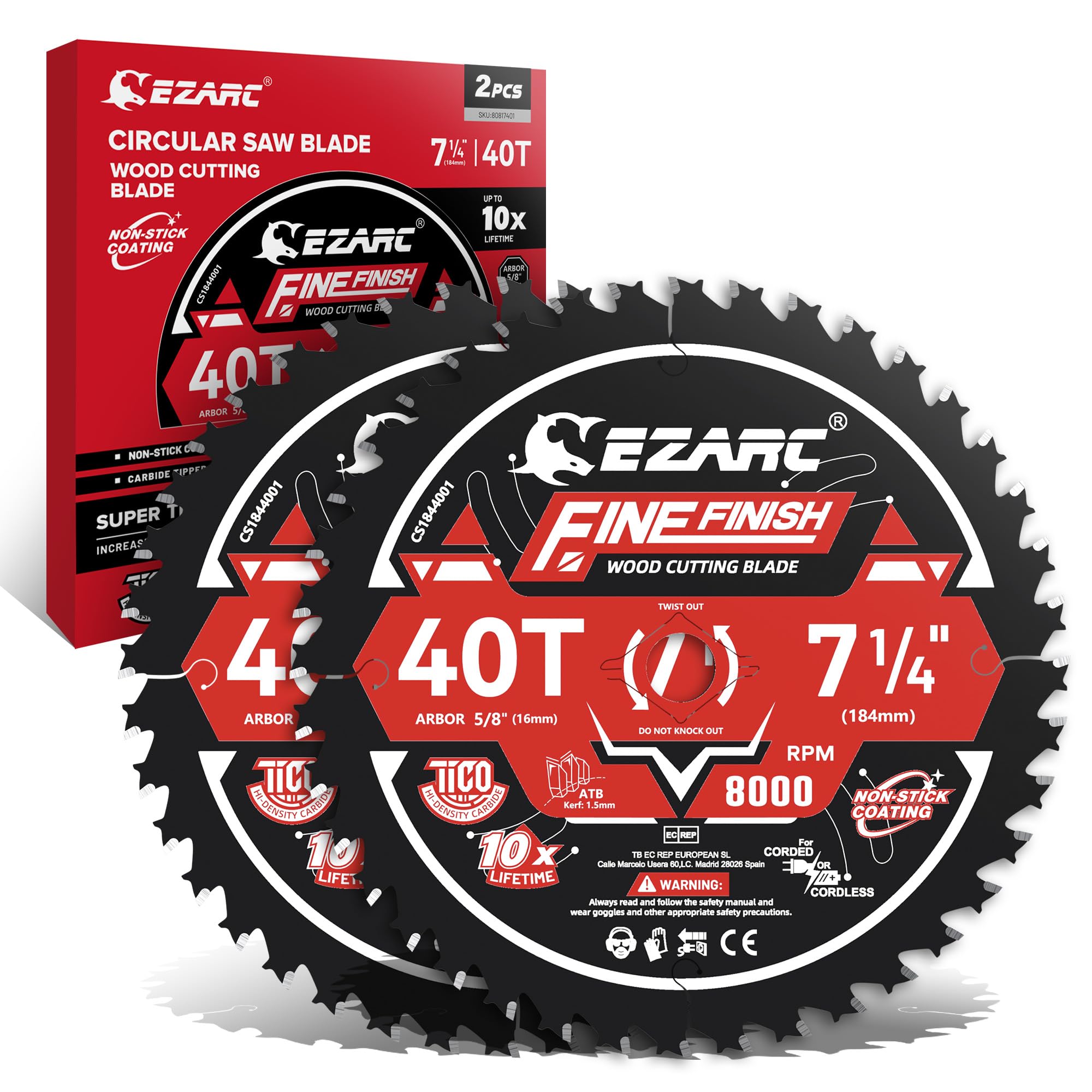 EZARC Lame per sega circolare da 7-1/4 pollici, 40 denti, lama per taglio del legno con finitura fine, taglio ultra sottile da 1,5 mm, rivestimento antiaderente, confezione da 2