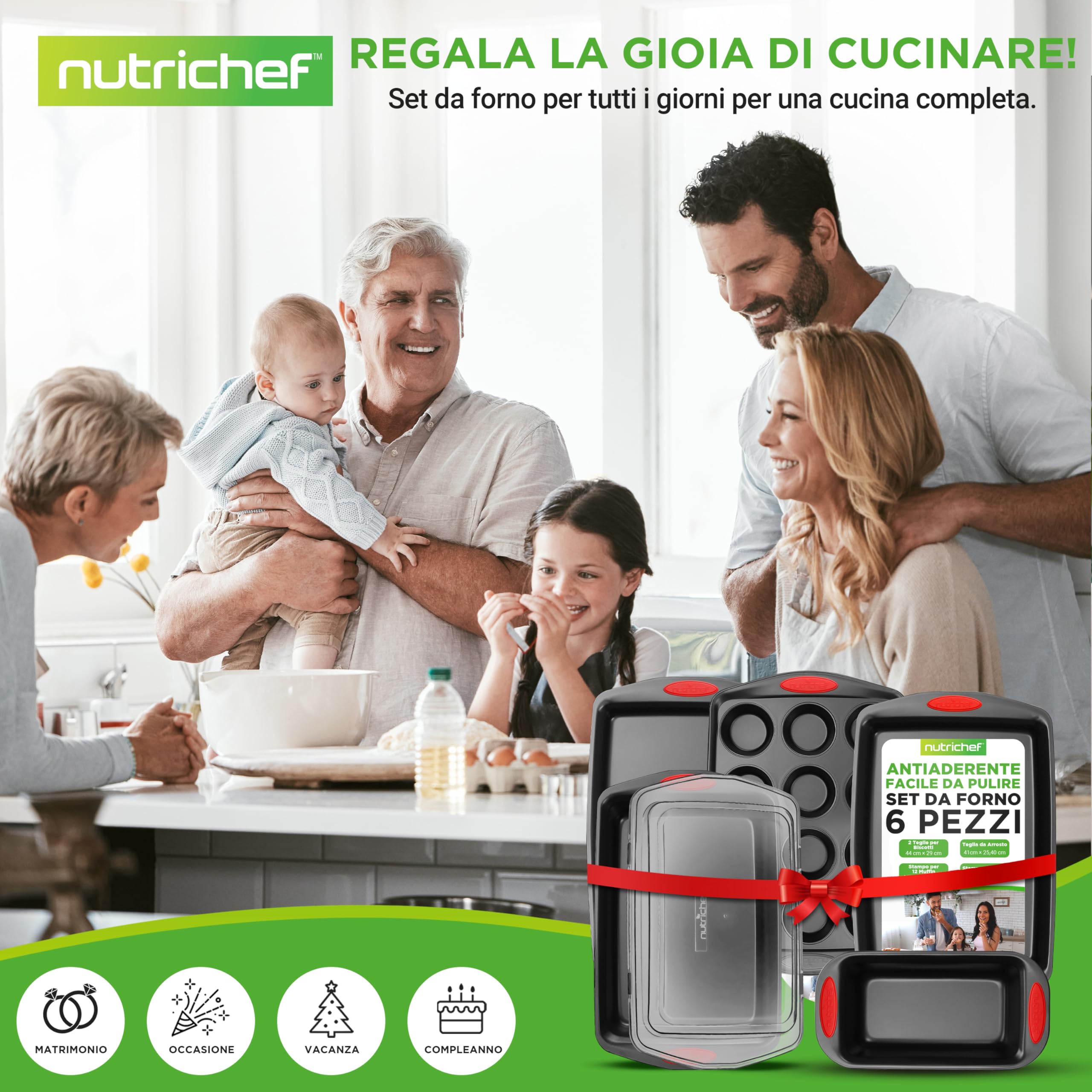 NutriChef Set 6 Pezzi Teglie Forno Antiaderenti in Acciaio al Carbonio con Manici in Silicone, Teglie da Forno per Pizza, Pane, Dolci, Biscotti, Lasagna, Verdura, Torta, Stampo Muffin, Stampo Plumcake