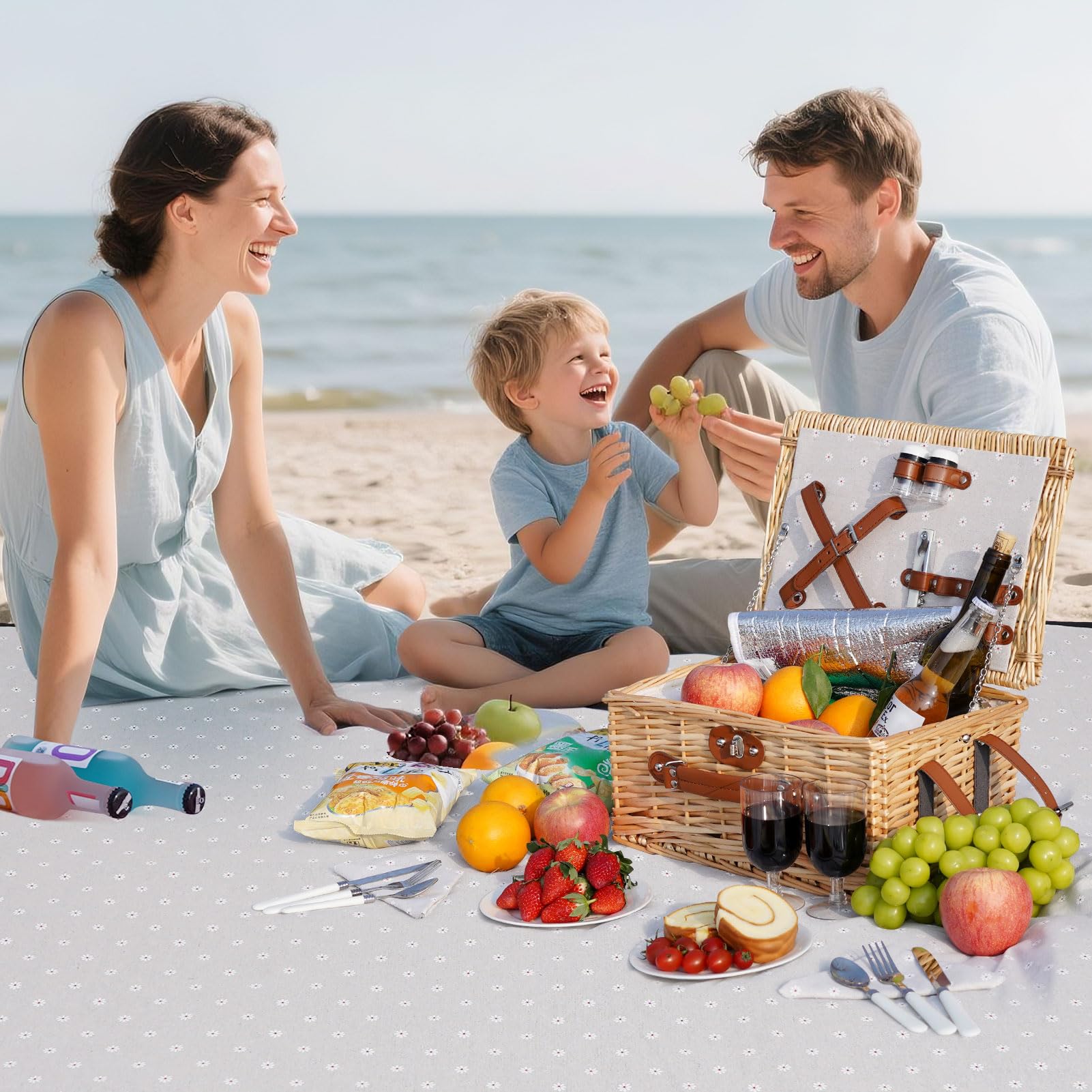 Cesta de picnic para 2 personas – Cesta de mimbre vintage aislada con alfombrilla impermeable y juego de cubiertos para parejas, camping, cumpleaños o San Valentín (flores blancas)