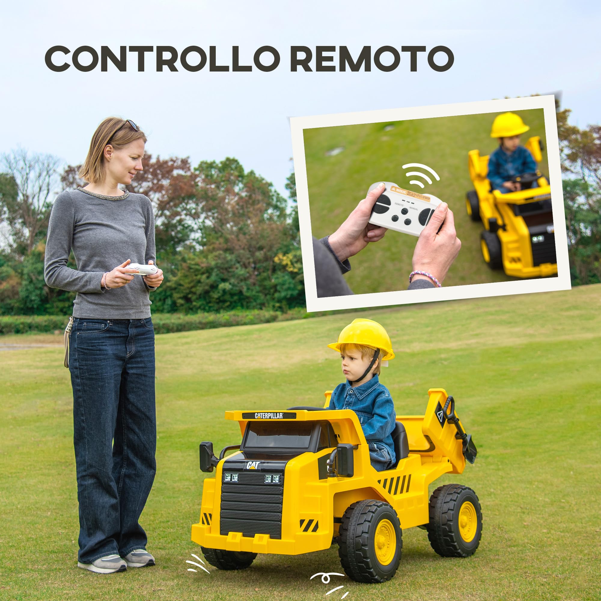 AIYAPLAY 12V Camion Giocattolo Licenza Caterpillar con Musica Giallo | Macchina Elettrica per Bambini, Telecomando, Fari, Secchio e Pala, Escavatore in PP e Metallo