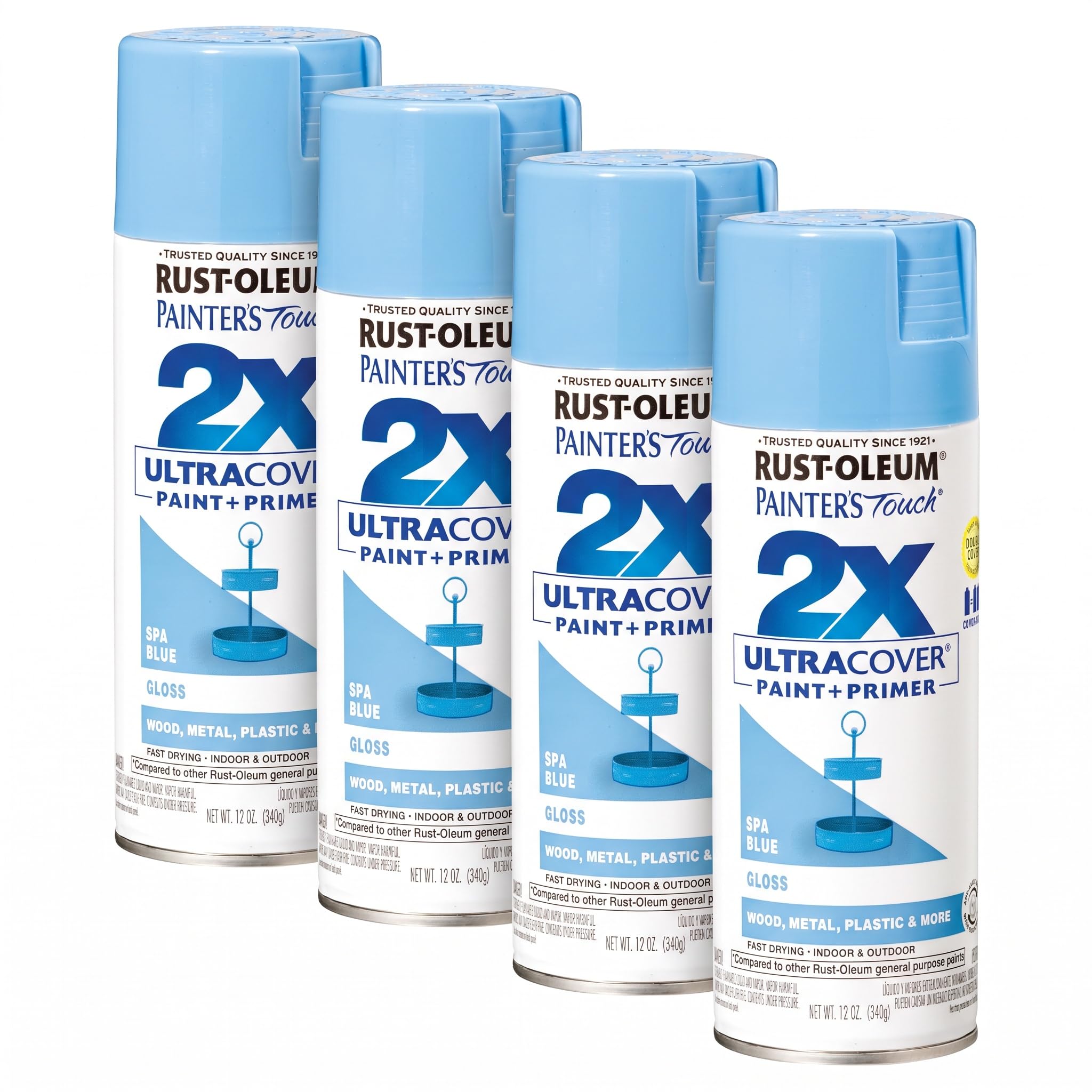 Rust-Oleum 334045 Painter's Touch 2X Ultra Cover Spray Paint, 12 oz, Gloss Spa Blue (Pack of 4)