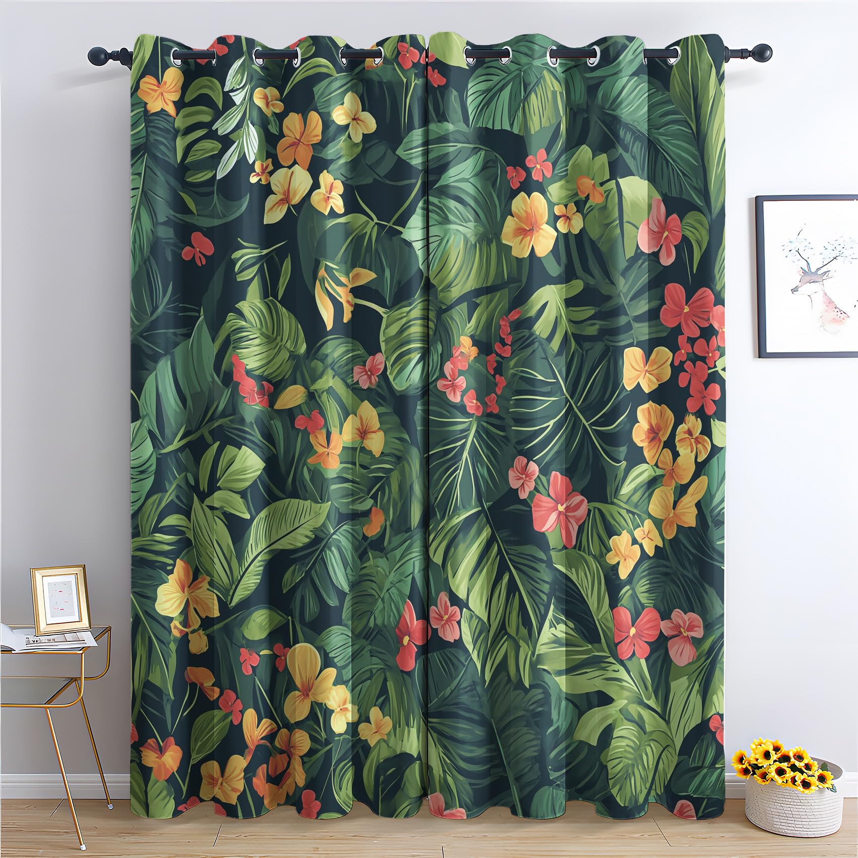 Generisch Grüne Blätter Vorhang, Blumenmuster Gardinen mit Ösen 2er Set Verdunkelungsvorhang, Modern Floral Vorhänge, Wohnzimmer Schlafzimmer Kinderzimmer Blickdichte vorhänge, 280x260 cm j1&-152