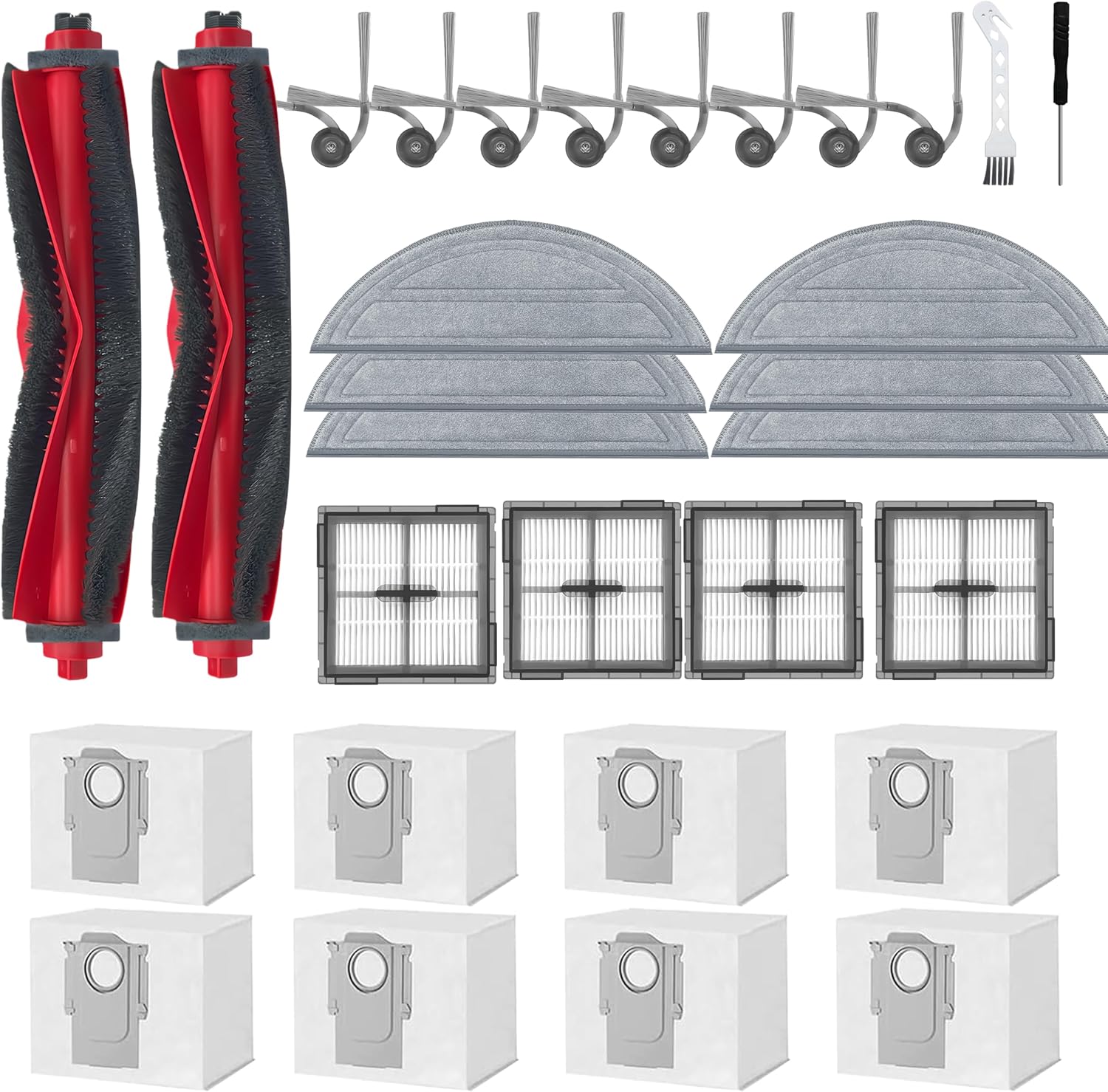 30 Pcs Q10 S5+ Accessories Kit for Roborock Q10 S5+/Q10 S5/Q10 X5+/Q10 X5 Robot Vacuum Cleaner,Replacement Parts with 2 Main Brush,8 Side Brushes,4 HEPA Filters,8 Dust Bags,6 Mop Pads,2 Tools