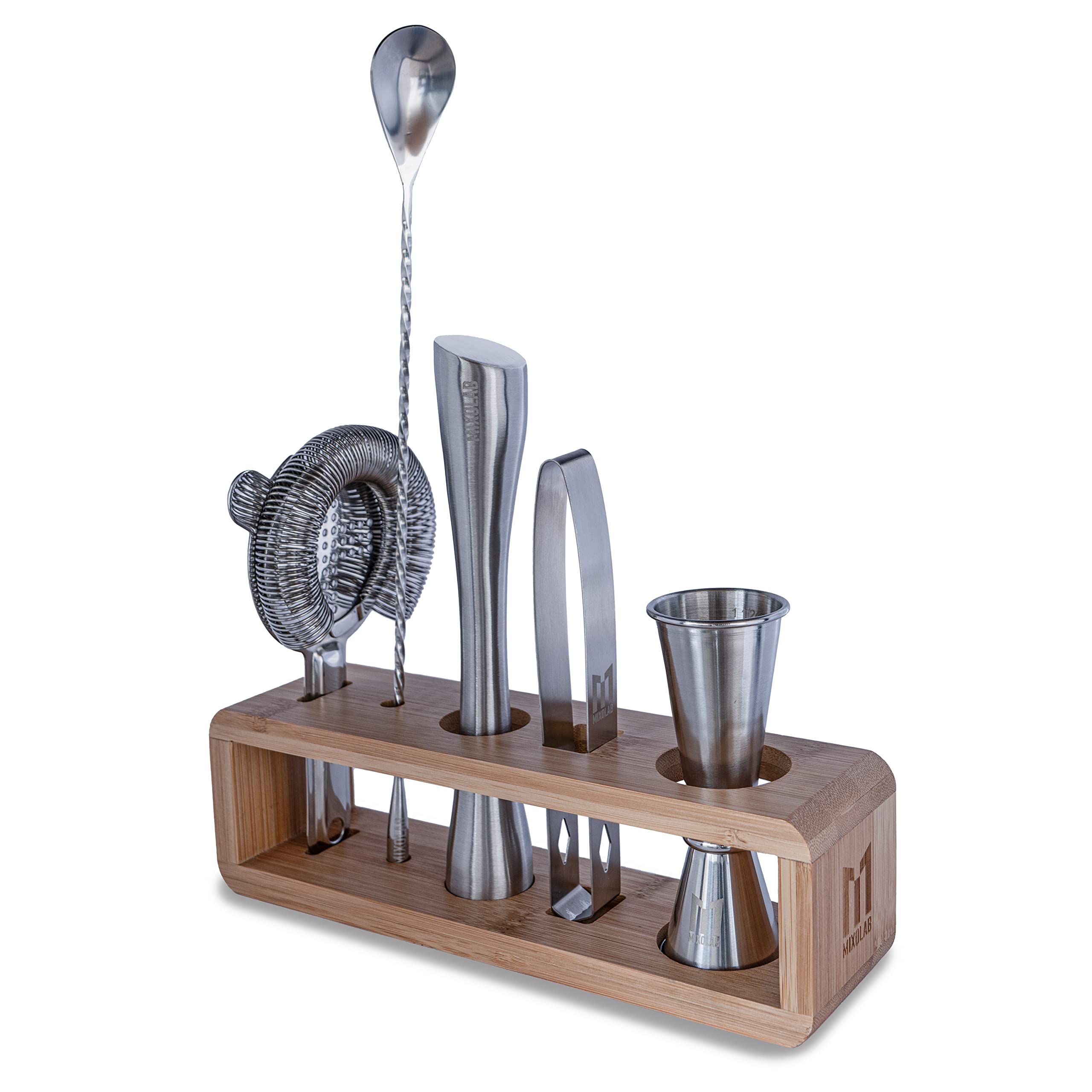 Bar Tool Set, Premium 6-Piece Bartender Tools – Effortlessly Mix Cocktails After a Long Day – Includes Jigger, Strainer, Muddler, Ice Tongs, Spoon, and Holder (Shaker Not Included)