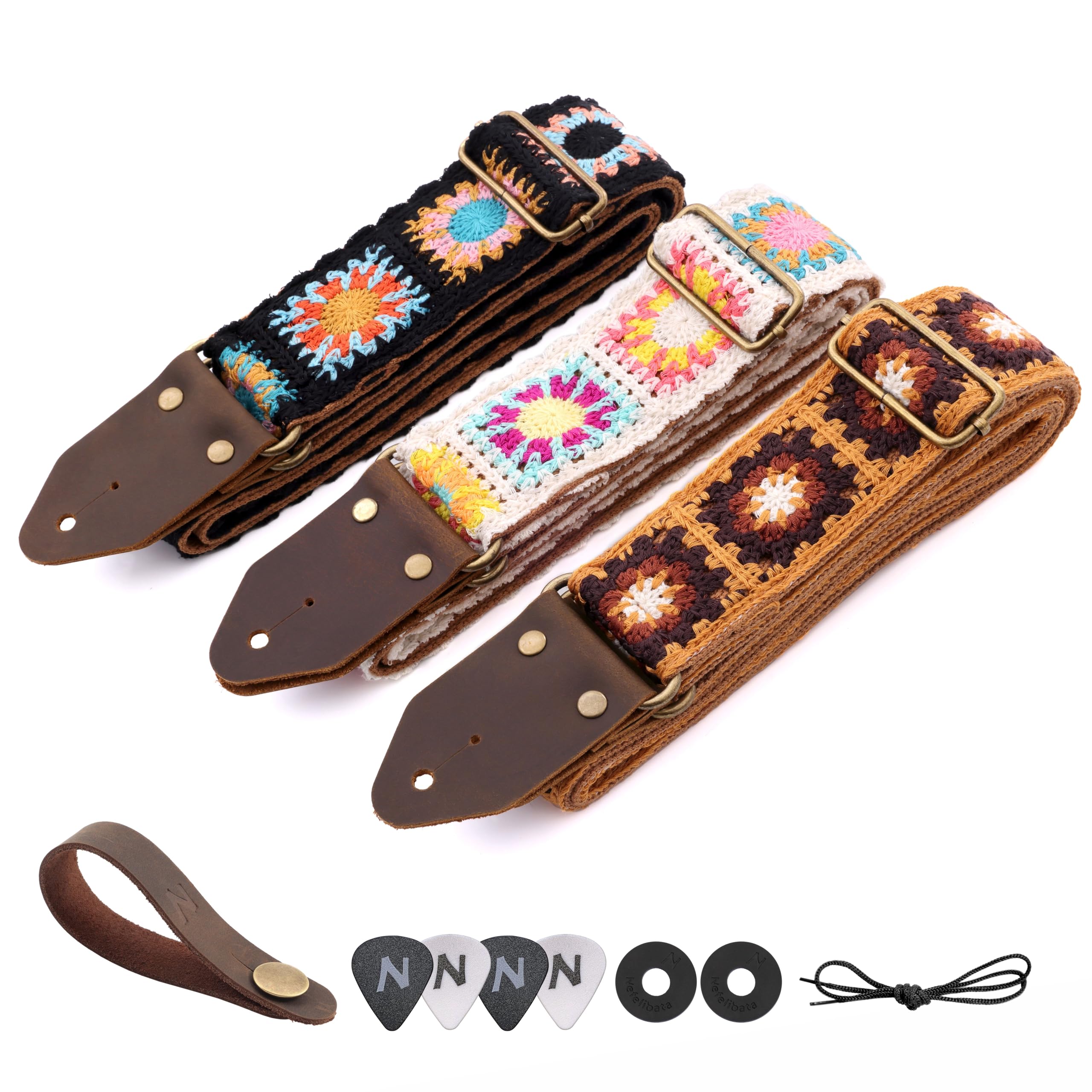 Nefelibata Sangle de guitare, sangles de guitare en coton brodé Jacquard avec extrémités en cuir Crazy Horse pour basse, électrique et acoustique, meilleurs cadeaux pour les enfants, les guitaristes