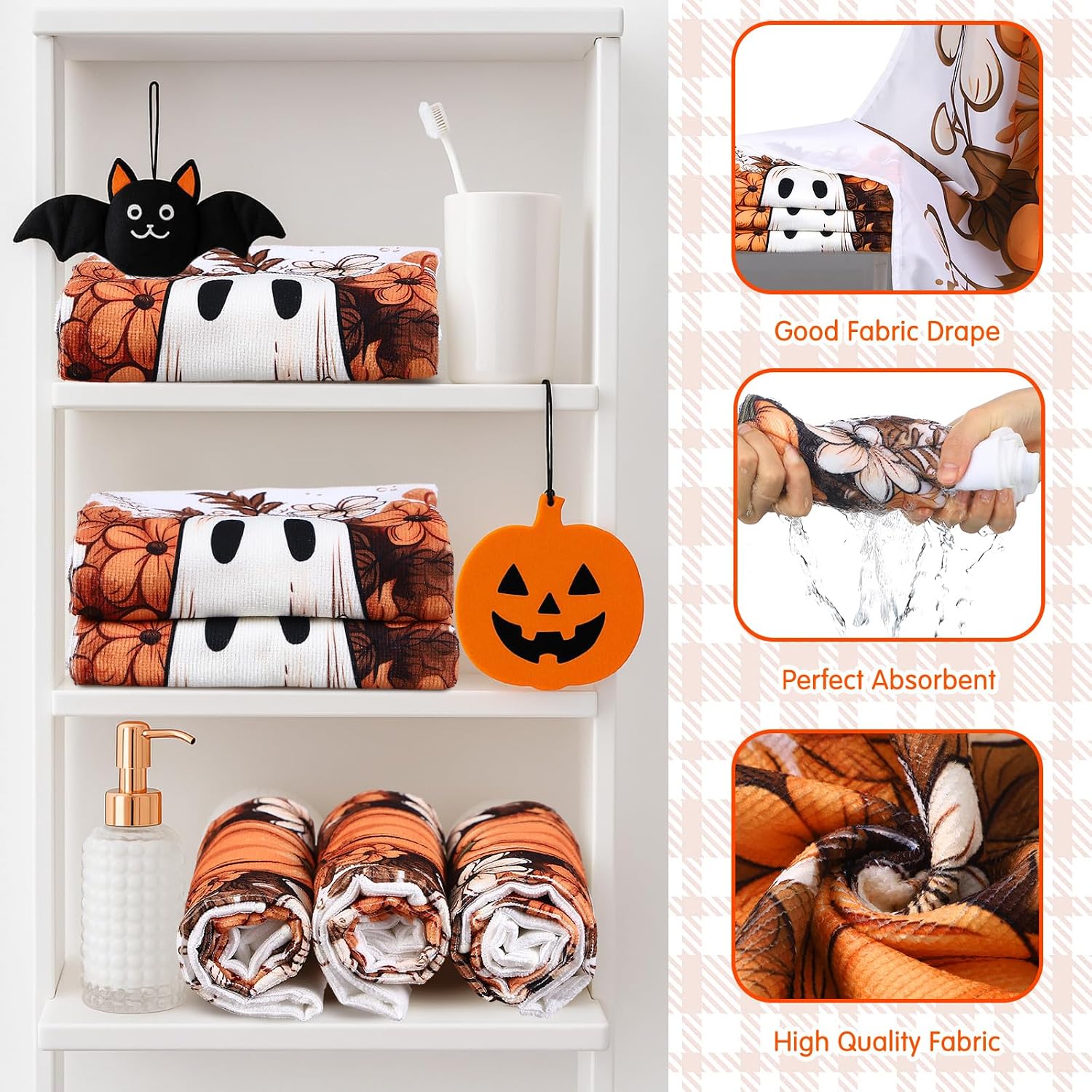 Fanfanwin 7 Pcs Fall Halloween Shower Curtains Set for Bathroom Include Ghost Pumpkin Autumn Floral Shower Curtain with 12 Hooks 3 Towels 1 Bathroom Mat 1 U Shaped Toilet Mat 1 Toilet Lid Cover