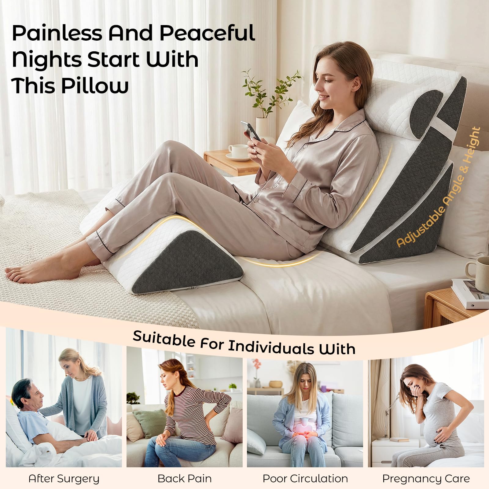Set di 4 cuscini ortopedici a cuneo, 4 in 1, regolabili, in memory foam, cuscino triangolare regolabile per gambe in caso di apnea notturna e bruciore di stomaco, con rivestimento rimovibile e