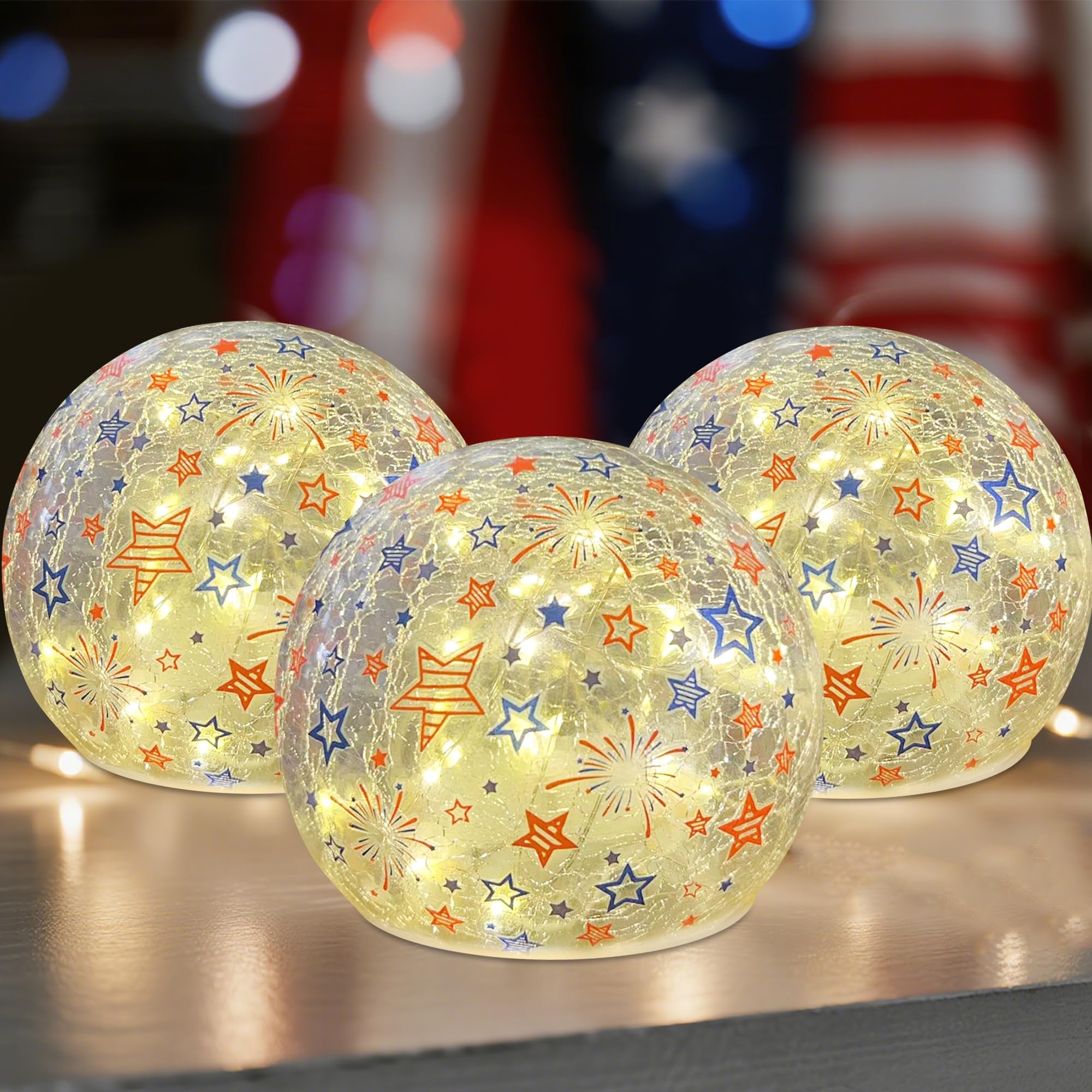 Décorations du 4 juillet sans fil : lot de 3 boules en verre craquelé avec LED et minuteur