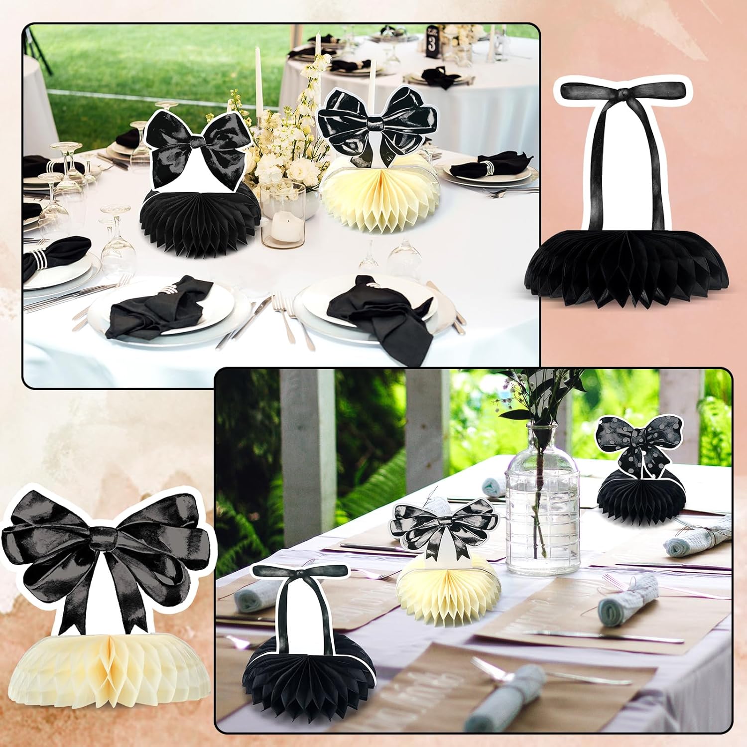 Fulmoon 9 Pcs Black Bow Honeycomb Centerpieces Decorations Coquette Birthday Party 3D Table Decorations Bow Paper Honeycomb Cutouts Party Supplies for Birthday Baby Bridal Shower Wedding Decor