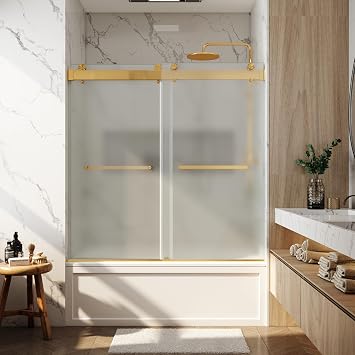 Bathtub Shower Door 56"-60" W x 66" H Ultra-Clear 3/8" Froste Brushed Gold