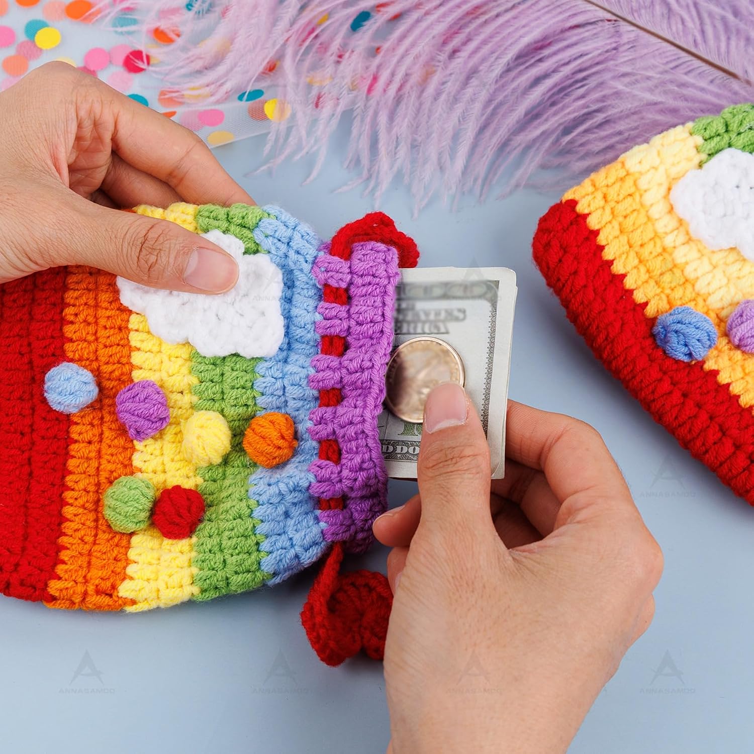 2 Pack Small Crochet Drawstring Pouch Rainbow Color Knitted Coin Purses for Women