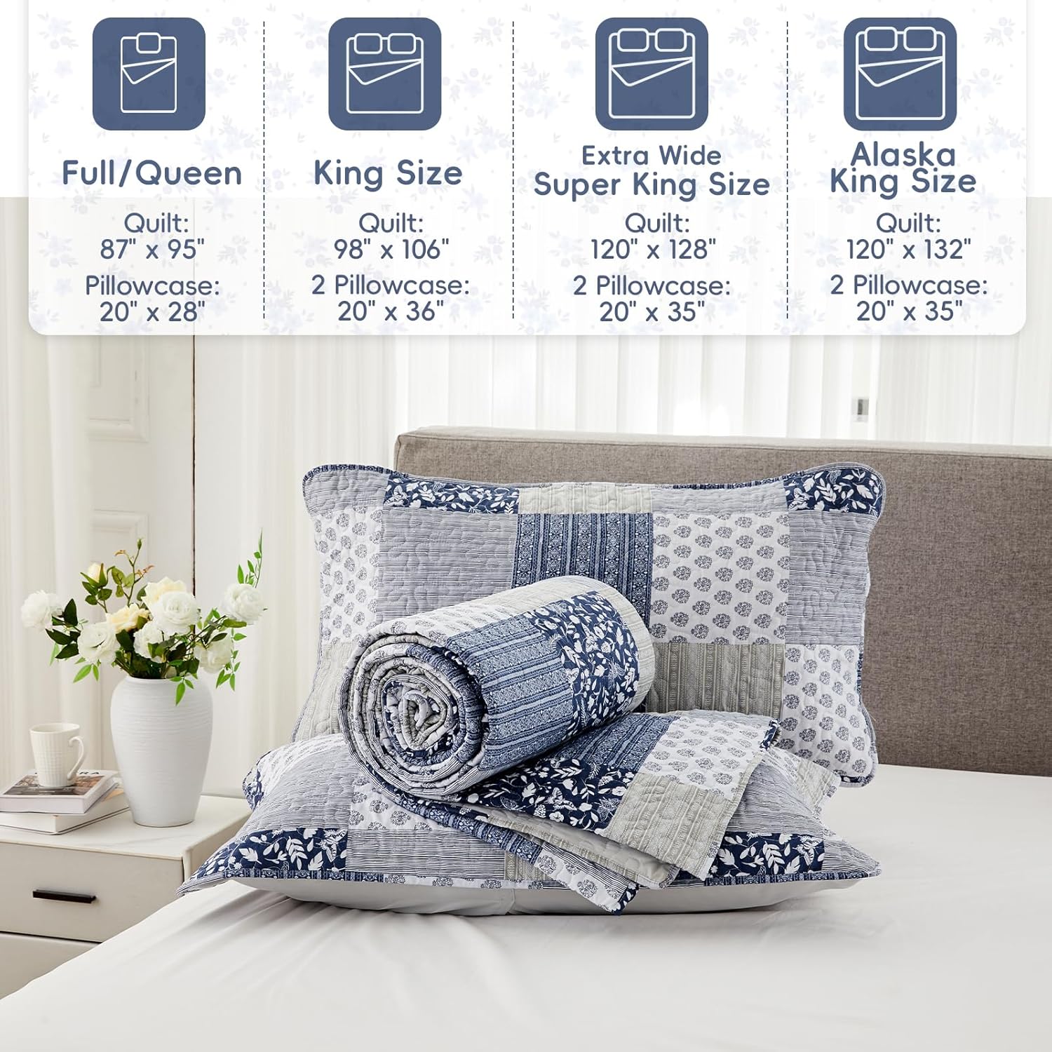 VIVILINEN Oversized King Size Quilt Set 128x120 Navy Blue Grey Bedspread Plaid Patchwork Extra Wide Super King Quilted Coverlet Bedding Set 3-Piece Reversible Lightweight Bed Cover Comforter Set - Image 6