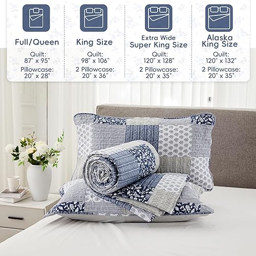 Miniatura 6 de Juego de edredón de retazos grises, tamaño matrimonial, queen, floral, reversible, acolchado, colcha acolchada de 3 piezas, juego de ropa de cama