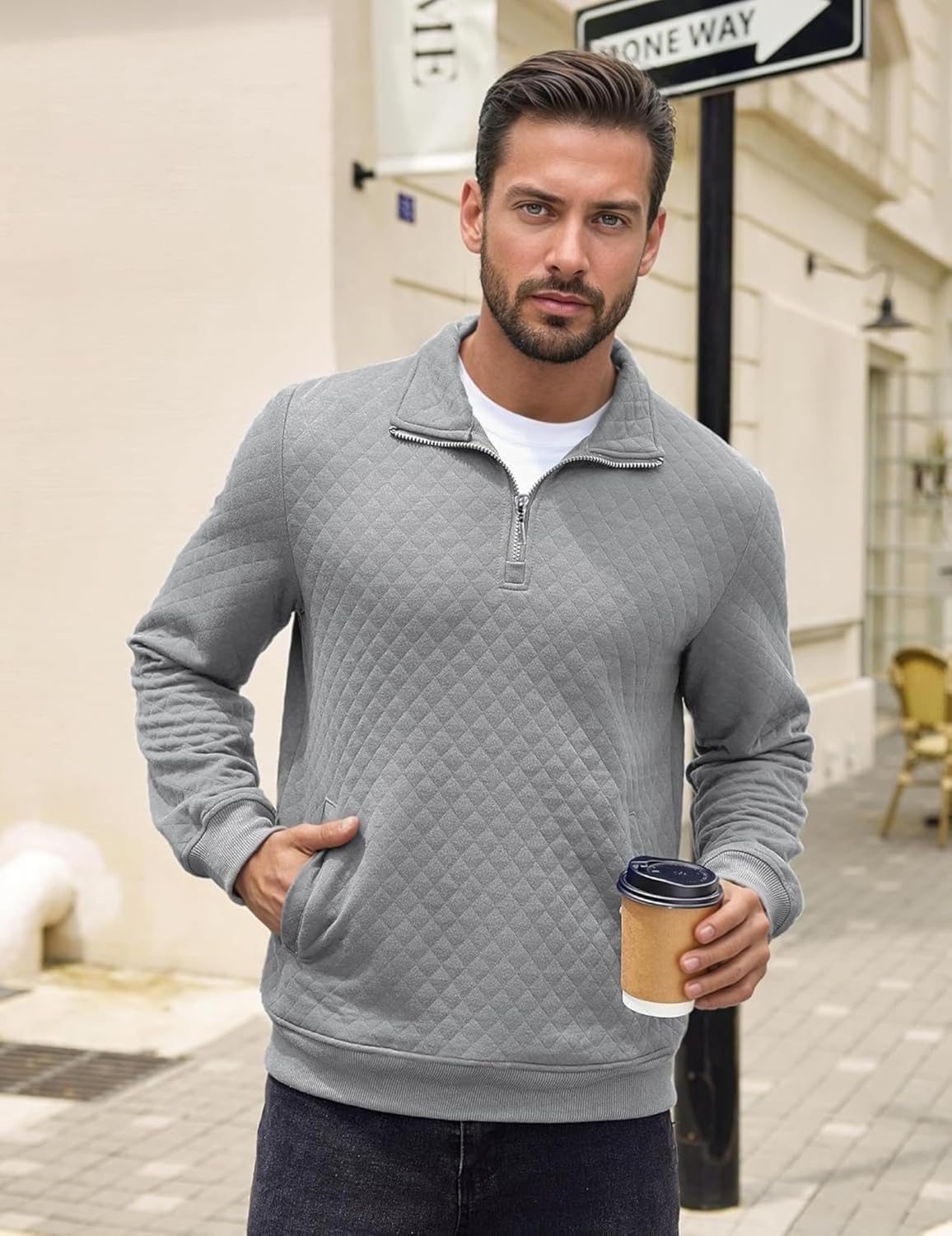 Mens Sweatshirt Quarter Zip Pullover Sweatshirt for Men Knit Mock Neck Long Sleeve Sweater Polo with Pocket - Image 4
