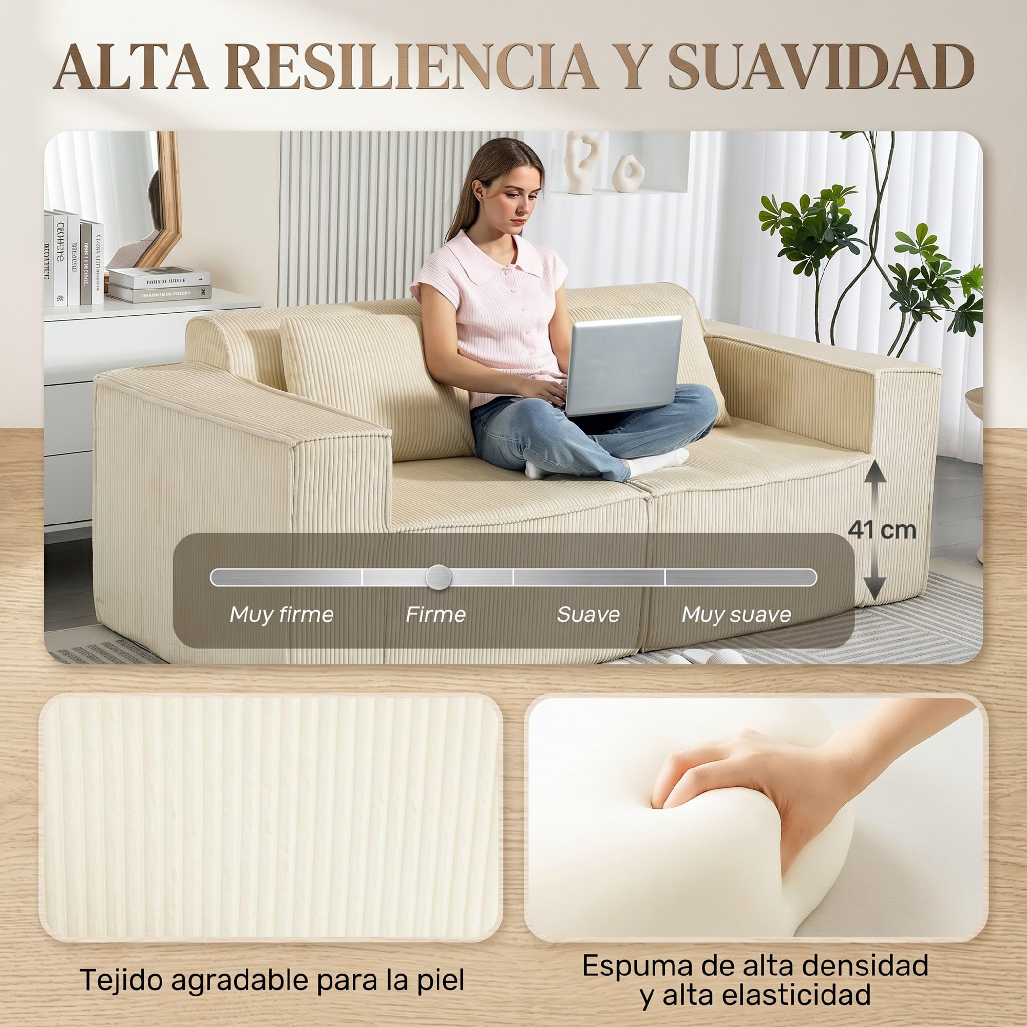 HOMCOM Sofá de 3 Plazas con Acolchado Grueso en Pana 202x90x76 cm Beige | Sofá de Salón, Asiento Extra Profundo, Reposabrazos Anchos, 2 Almohadas