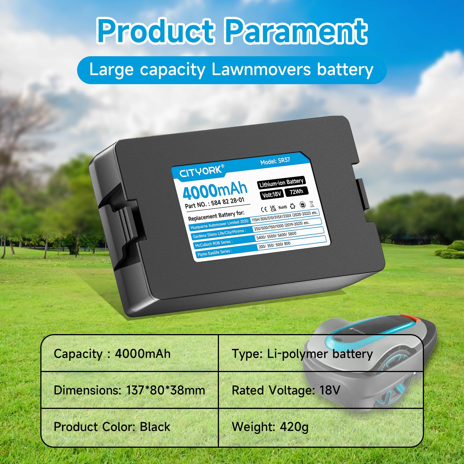 18V/4000mAh Cortacésped Batería para Husqvarna Automower Limited Edition 2020 115H 305 310 315 315X(años 2020-2022), para Gardena Sileno City/Life/Minimo: 250/500/ 750/1000 (años 2019-2023)