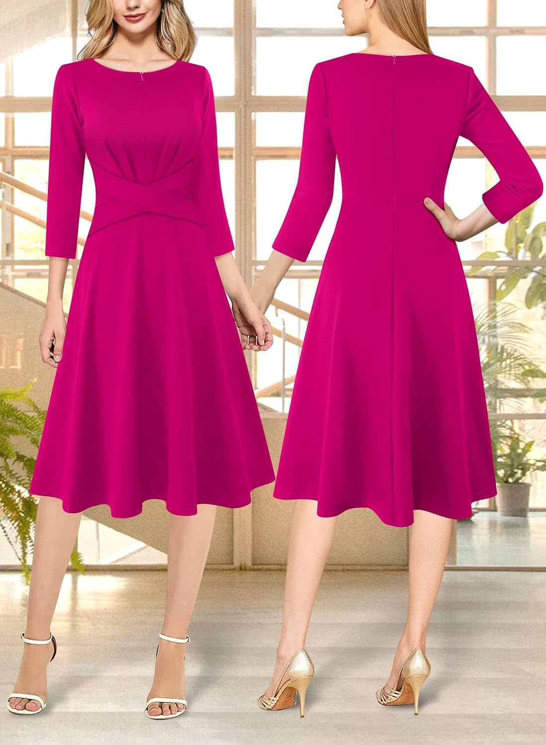 VFSHOW Womens Front Zipper Office Business Work Church Professional Front Zipper Knee Length A Line Fit and Flare Dress - Image 2