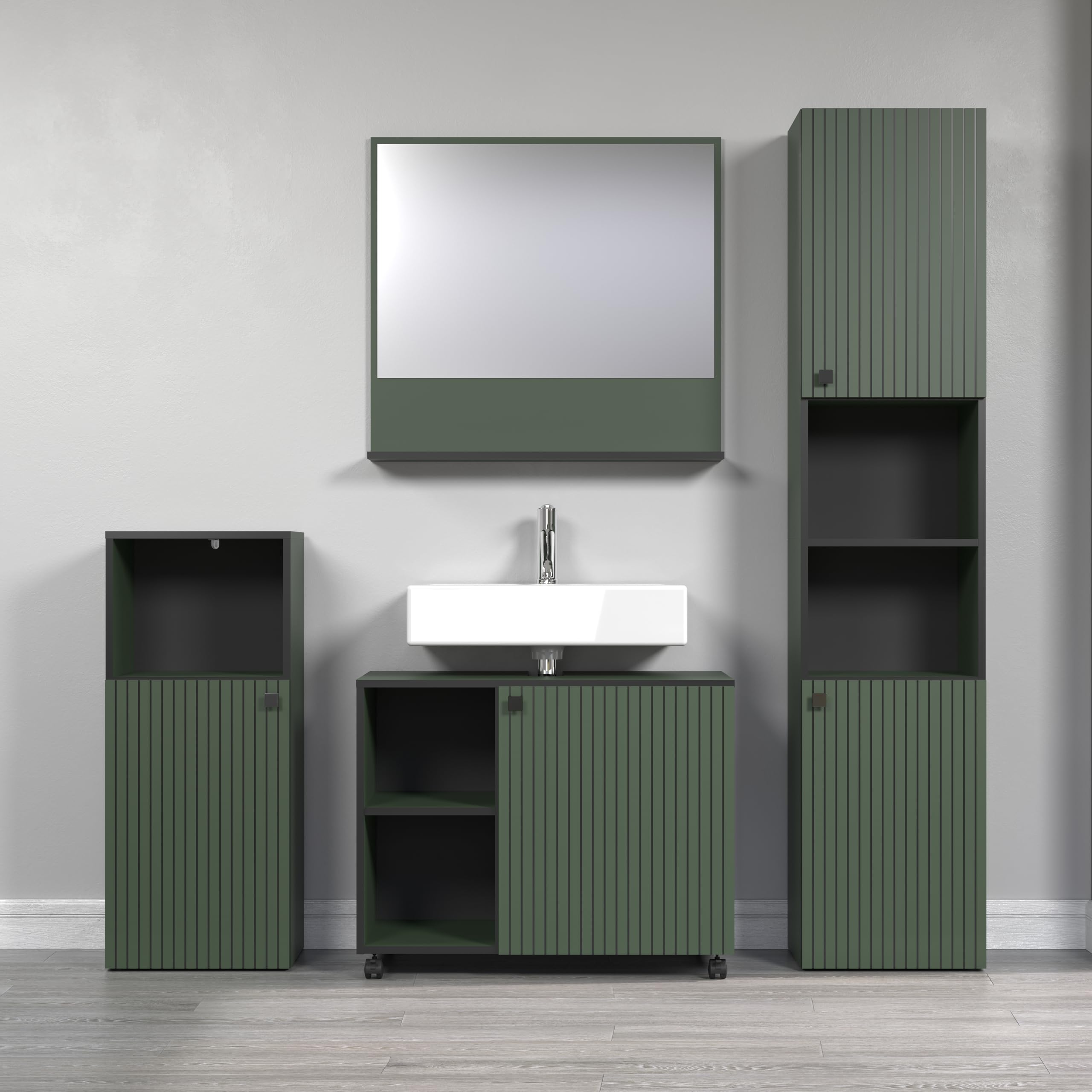 trendteam smart living - PureBliss - Badmeubelset - Antraciet/eiken ribbellook - Badkamermeubel met mooie metalen handgrepen - (BxHxD) 180 x 186 x 42 cm - Wastafelonderkast op wielen