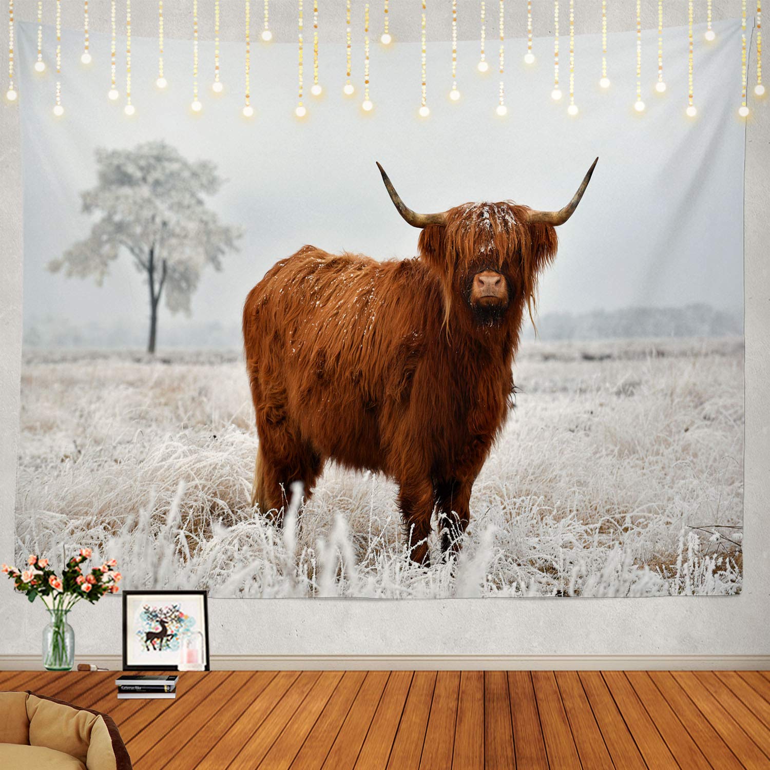 Shrahala Landscape Tapestry, Scottish Highland Cow Wall Hanging Large Tapestry Psychedelic Tapestry Decorations Bedroom Living Room Dorm(39.4 x 59.1 Inches, Brown 1)