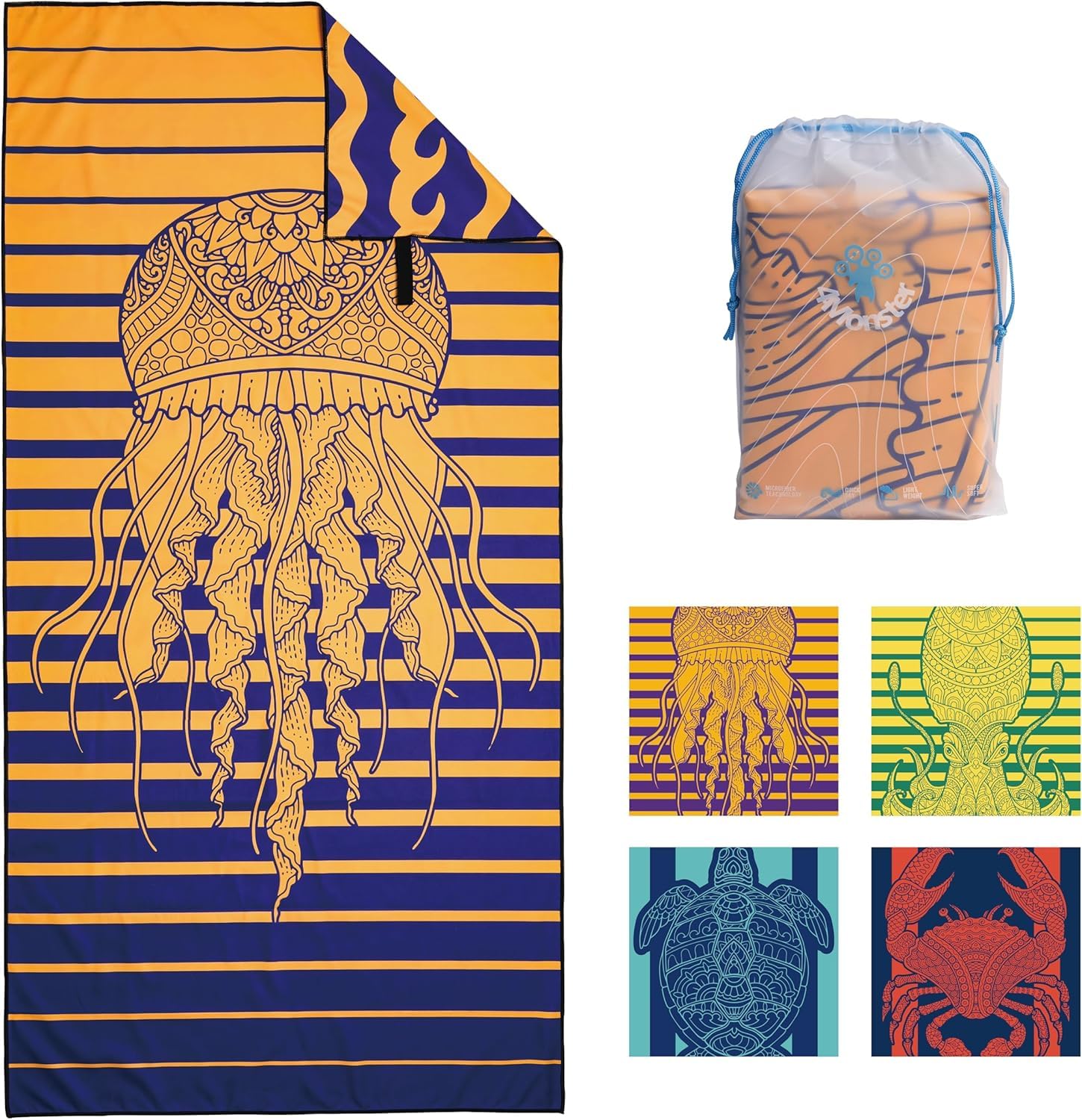4Monster Microfibre Beach Towel, Ultra Light, Sand-Repellent Towel, Quick-Drying, Absorbent Sports Towel for Beach, Pool, Water Sports, Yoga, Fitness