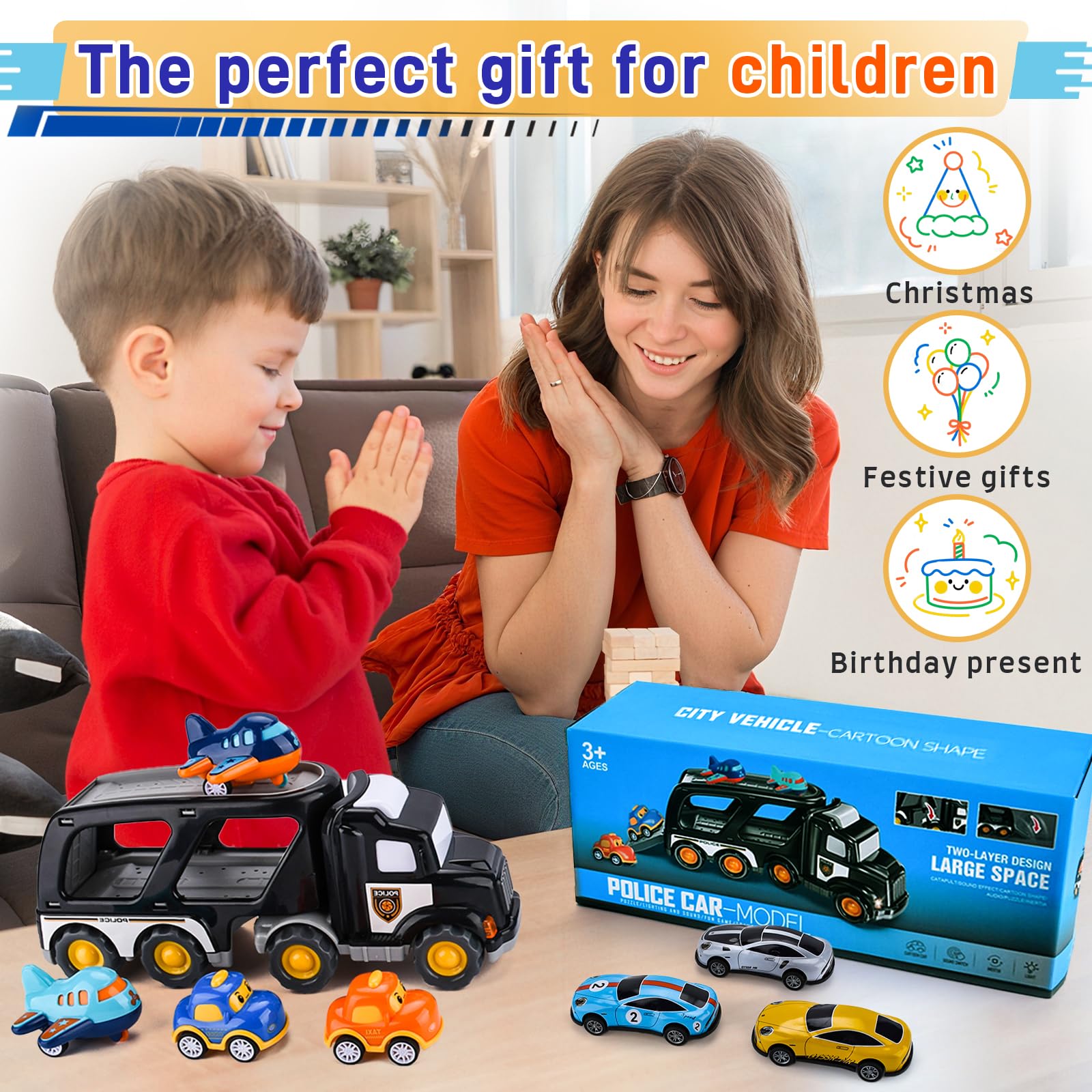 8 in 1 Camion Macchinine Giocattolo Trasportatore con Suoni e Luci per Bambini 1 2 3 4 5 Anni, 7 Mini Cars, Macchina Trucks Regalo per Bambino Ragazze Ragazzi