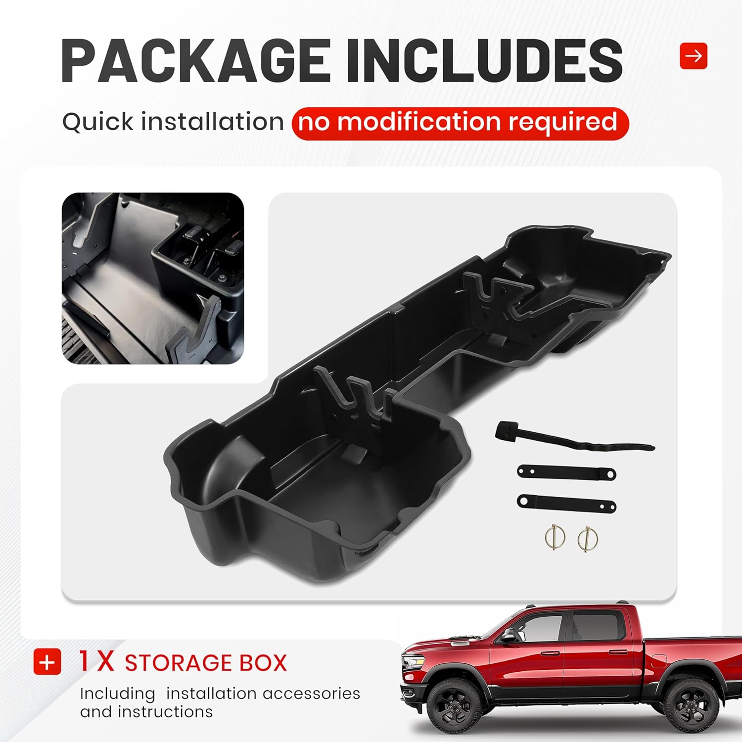 Kojem Under Seat Storage Box Compatible with 2019-2025 Dodge Ram 1500 Crew Cabs (New Body Style) Truck Organizer Back Underseat Container System- Black