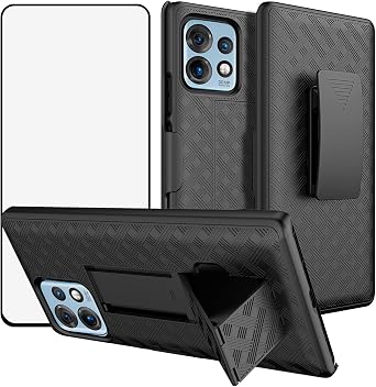 حافظة هاتف Ailiber لهاتف Motorola Edge Plus 2023، حافظة مع واقي شاشة، مشبك حزام دوار، حامل مسند، غطاء هاتف واقي كامل الجسم مقاوم للصدمات لهاتف Motorola Edge+ 2023-أسود