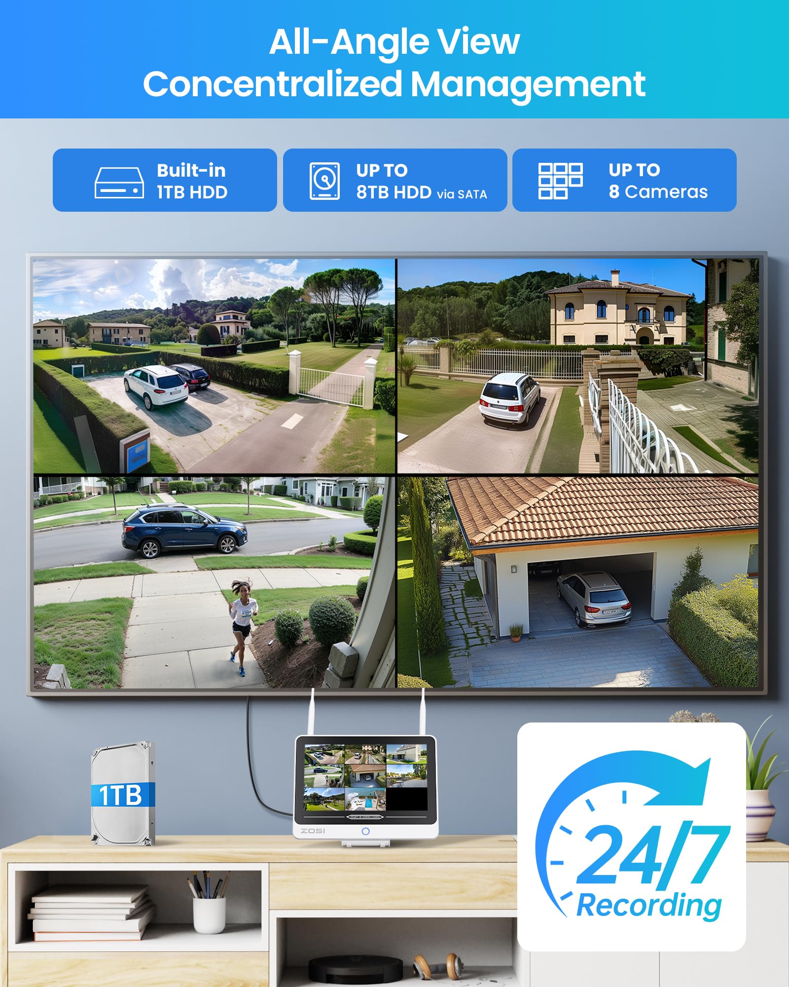 ZOSI 5MP WiFi 6 Kit di Telecamere di Sorveglianza per Esterni con Monitor da 12” 1TB HDD, Telecamera Dome PTZ a 360°, Rilevamento e Tracciamento Persone AI, Audio Bidirezionale