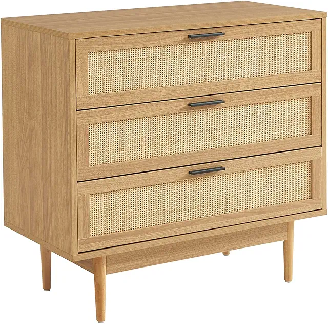 Amana Oak Rattan Chest of Drawers - 3 Drawer Storage Unit 80cm