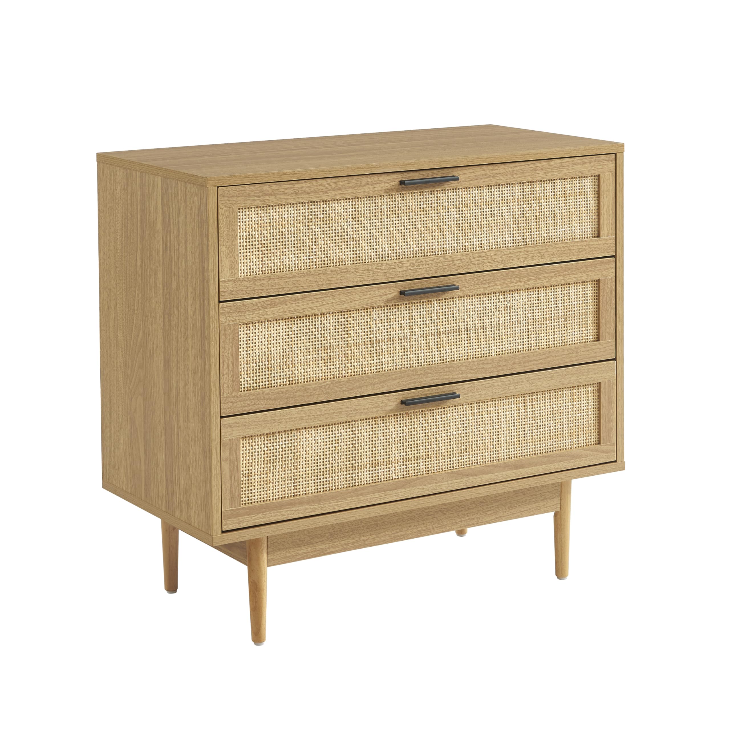 BAÏTA Commode Amana Effet chêne et cannage rotin 3 tiroirs 80cm