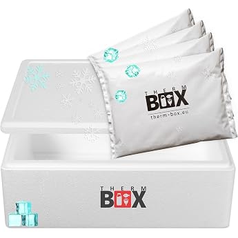 THERM BOX Polystyrene Box 29 W with 4 x Ice Packs for Cool Box 29 L Interior 53 x 33 x 16 cm Transport Box Thermal Container Reusable
