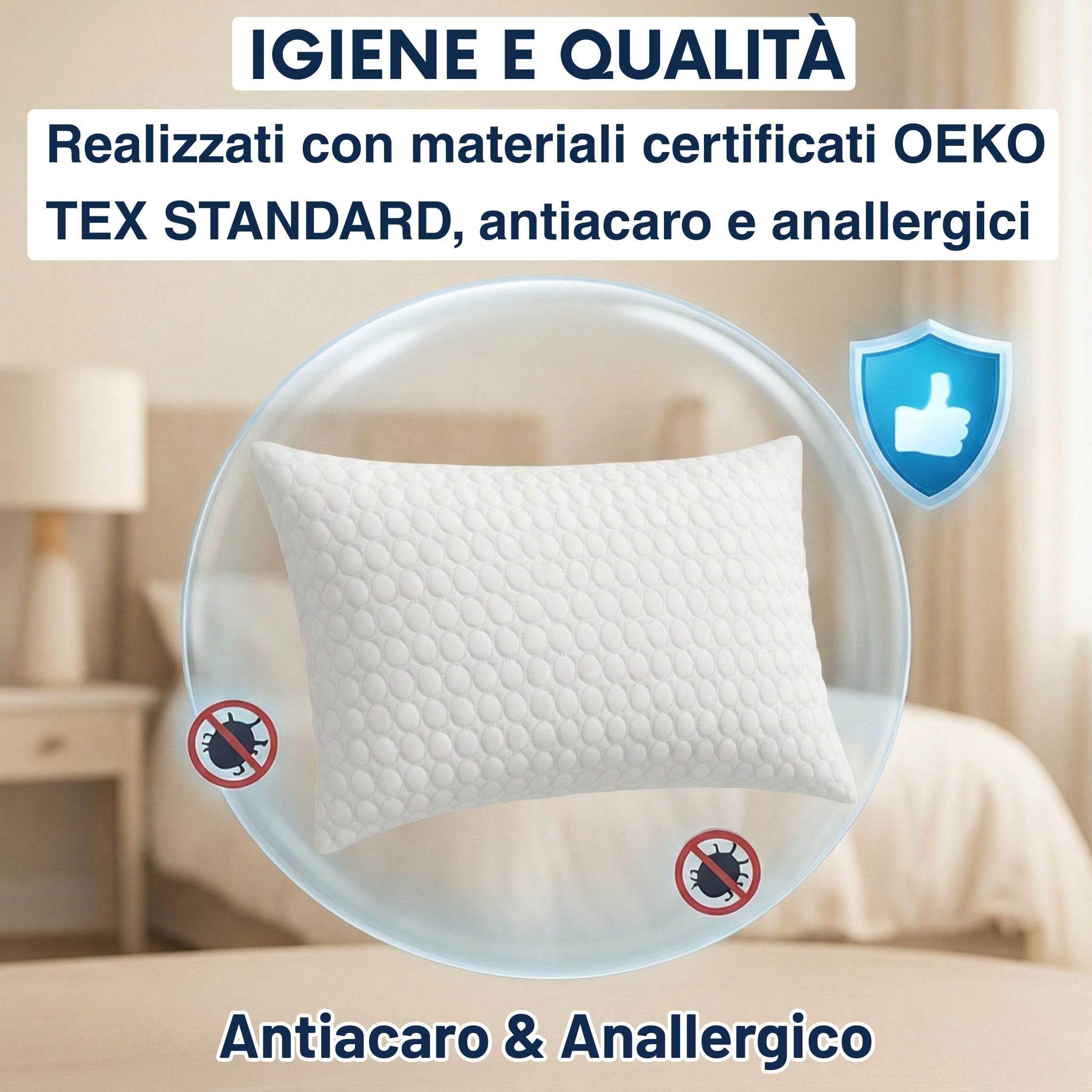 cuscini fiber - 4 Cuscini Letto Matrimoniale 45x75cm, Guanciale Letto con Fodera Massaggiante Soft, Cuscini Antiacaro Anallergico, Morbida Imbottitura in Fibra di Poliestere Made in Italy