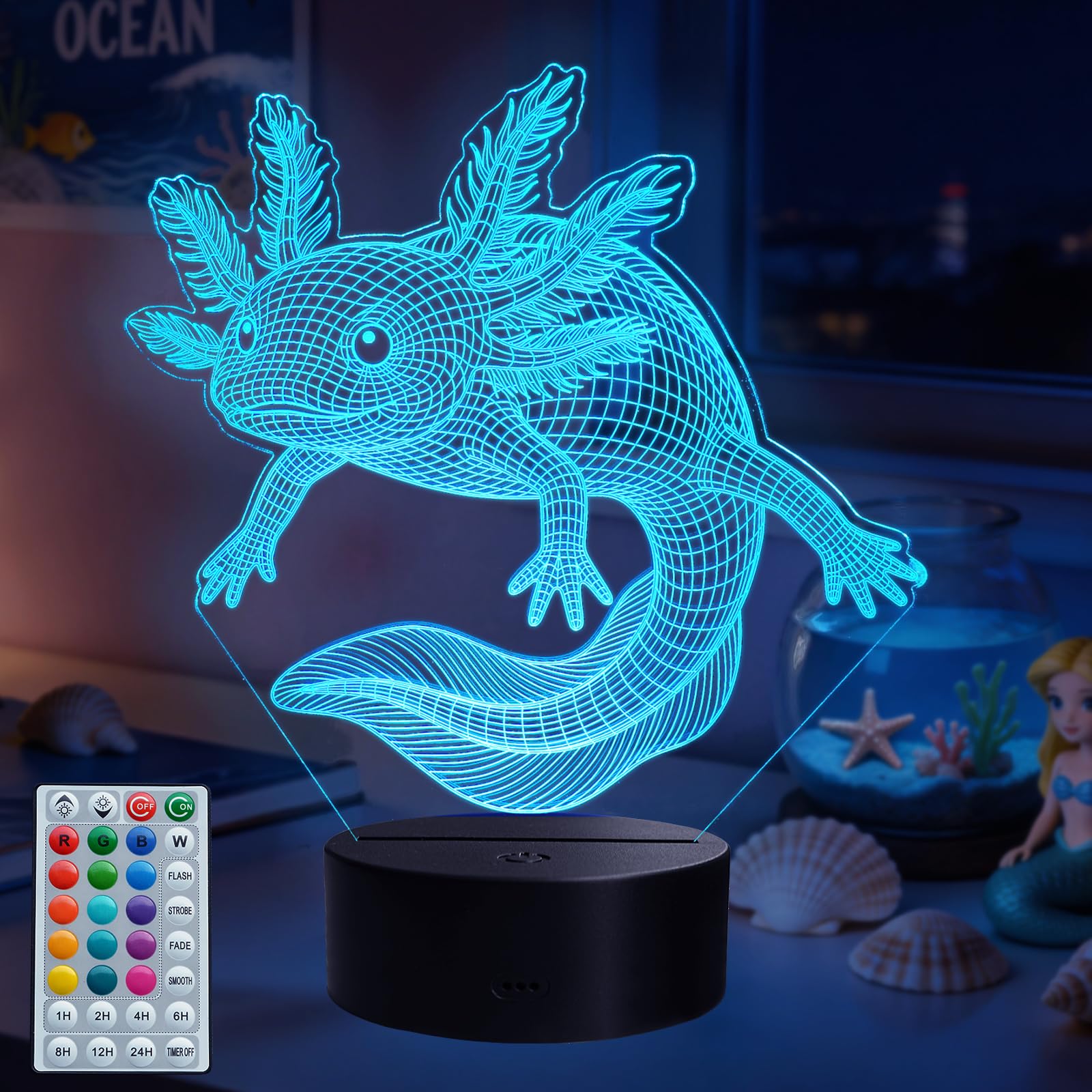 POSSHE Axolotl Night Light, Axolotl Gifts with Remote Control, 16 RGB Colors, 4 Flashing Modes, Timer, Dimmable, Axolotl Toys Stuff for Decor for Holiday Birthday