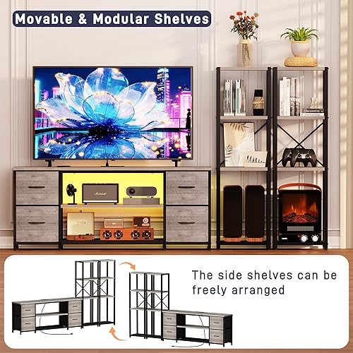 Miniatura 5 de Soporte de TV LED de 60 pulgadas para sala de estar con estación de carga, centro de entretenimiento con 2 estanterías industriales, gabinete