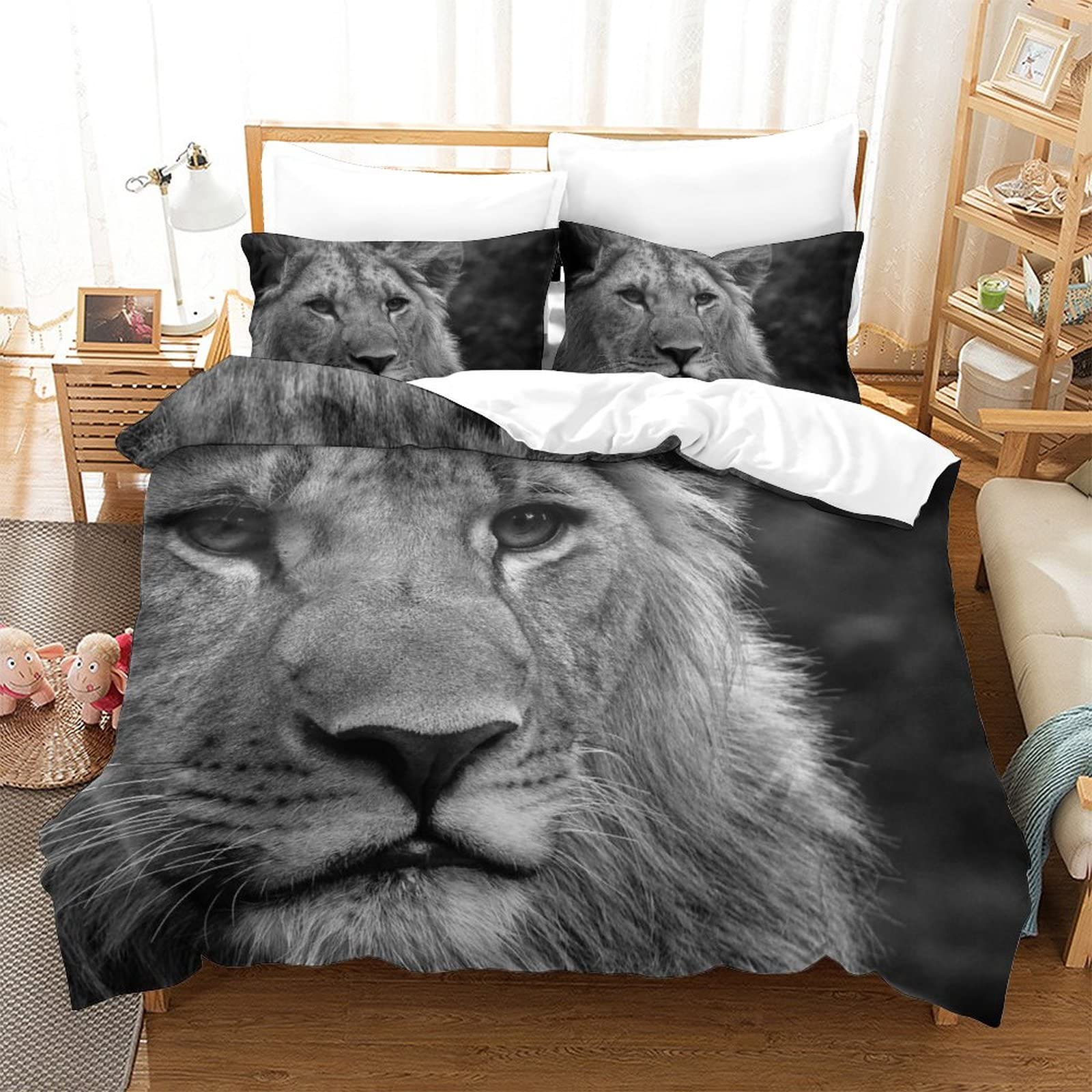 Housse de couette lion 220x240 cm king size en literie 3D avec 2 taies